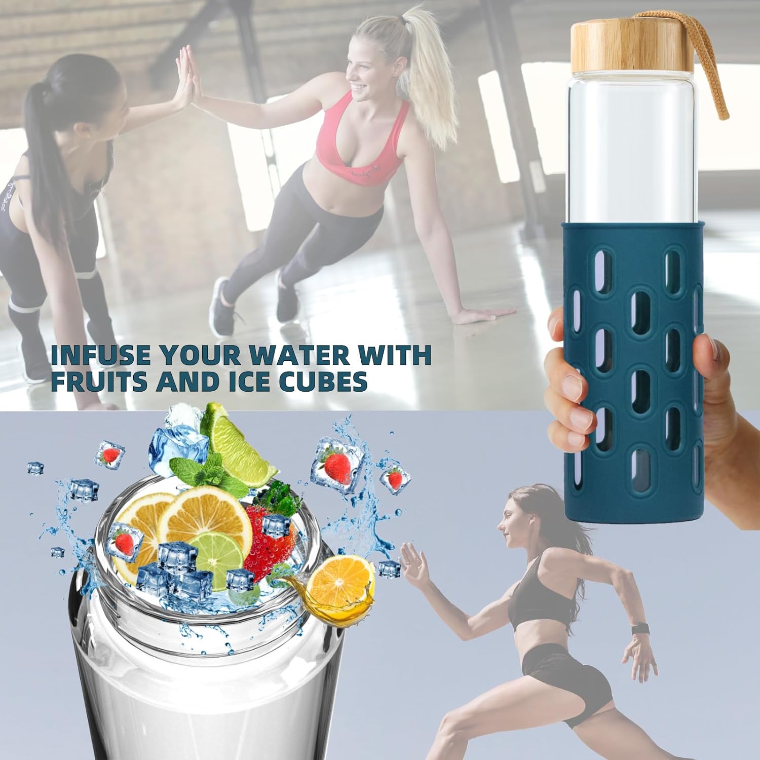 Botellas de agua de vidrio de 32 onzas de borosilicato natural de boca ancha reutilizable con funda de silicona, lindas botellas de agua para