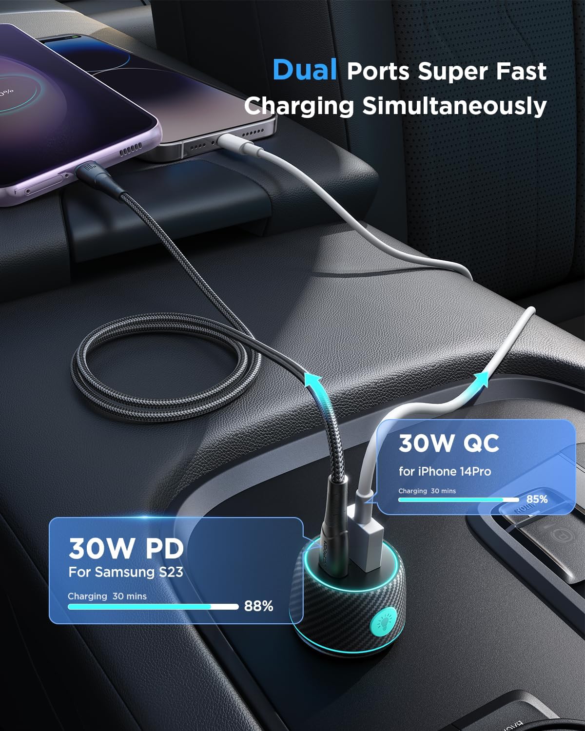 Cargador de coche USB C de 60 W, 2 puertos PD30W+QC30W Cargador de teléfono súper rápido para coche, adaptador de encendedor de cigarrillos, con