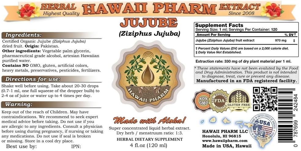 Extracto líquido de azufaifo, azufaifo (Ziziphus Jujuba) Suplemento de tintura en polvo de frutas secas 4 onzas