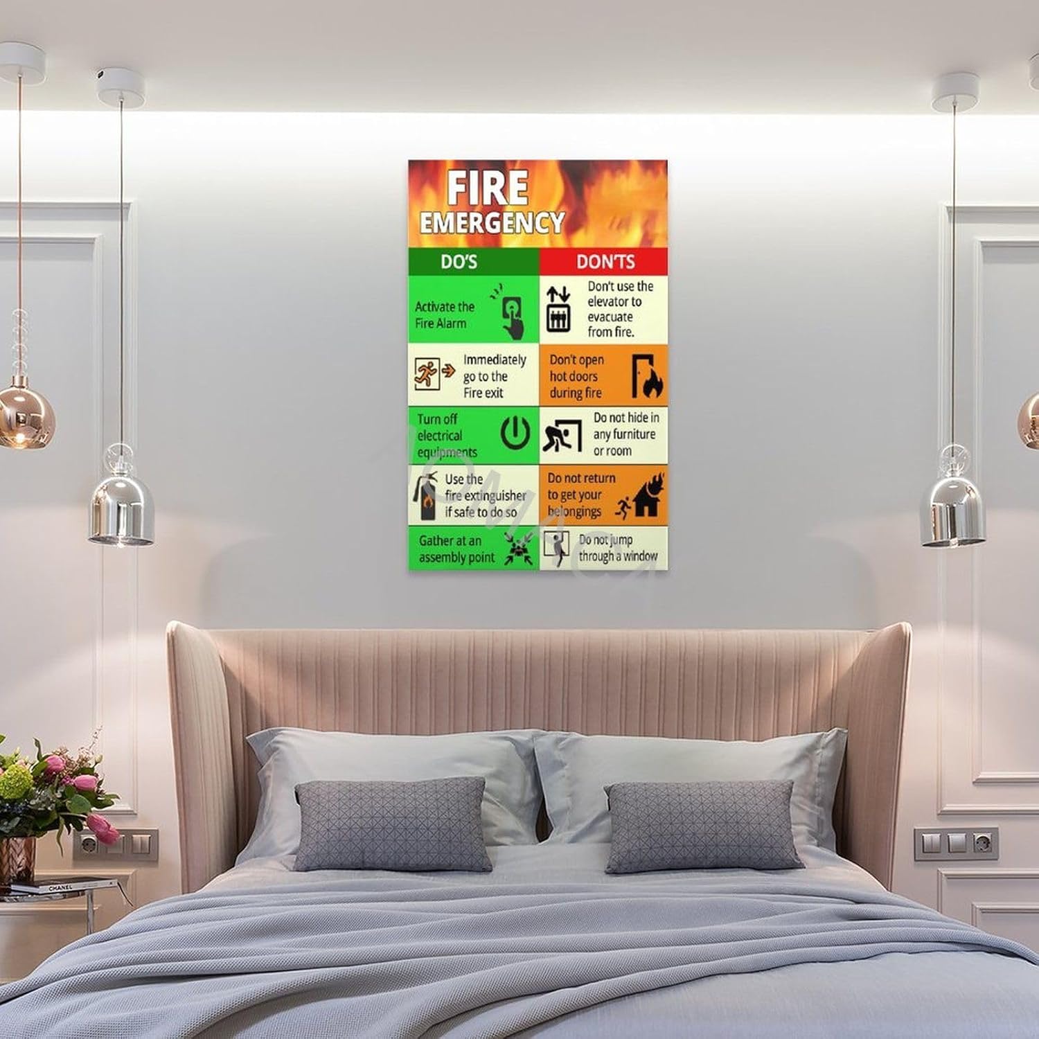 Póster de guía de evacuación de emergencia contra incendios, póster de emergencia de seguridad contra incendios, póster de decoración de pared de