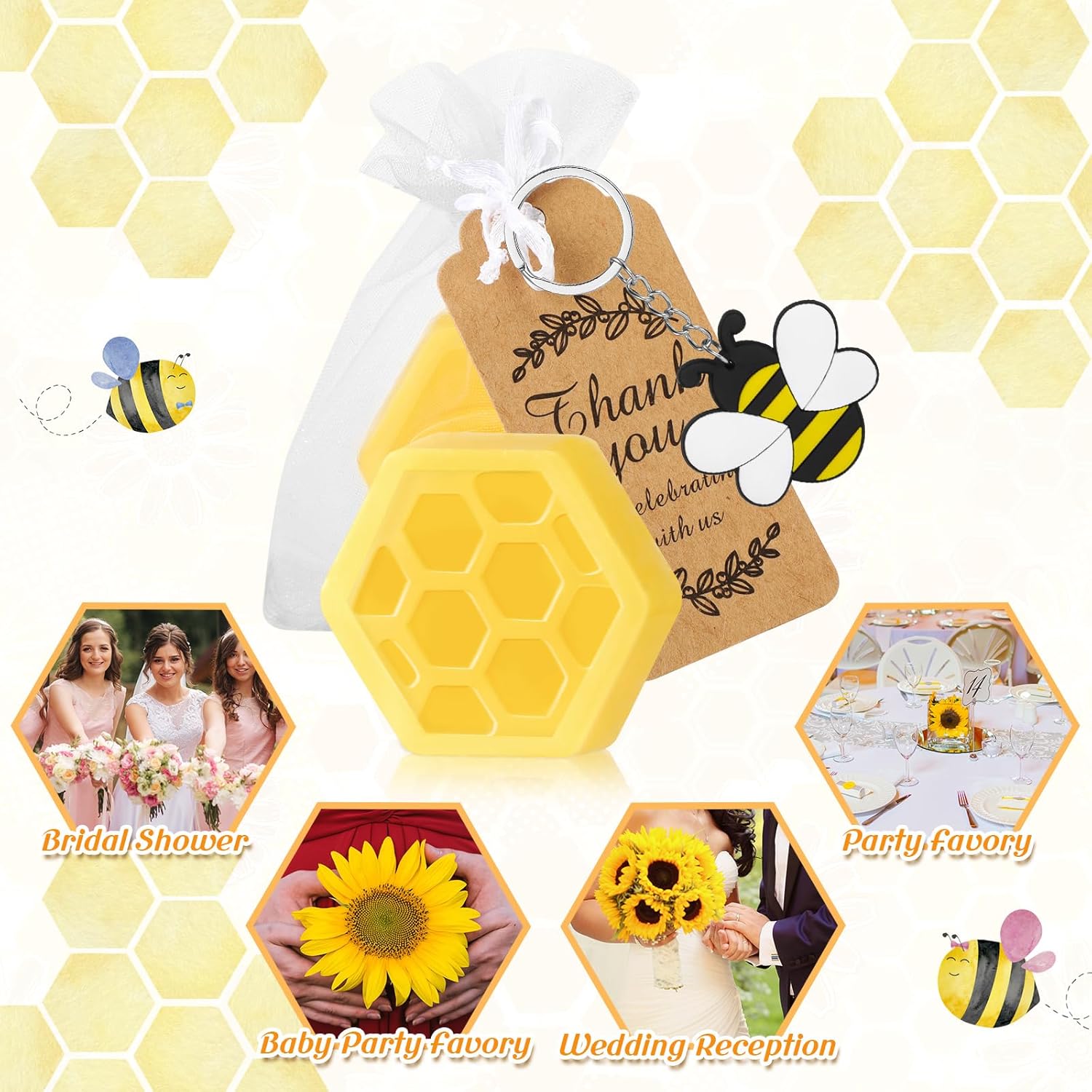 Dansib 50 juegos de jabón de abeja de panal con calcomanías para fiesta de verano, abeja, decoración de fiesta de cumpleaños, novia, boda,