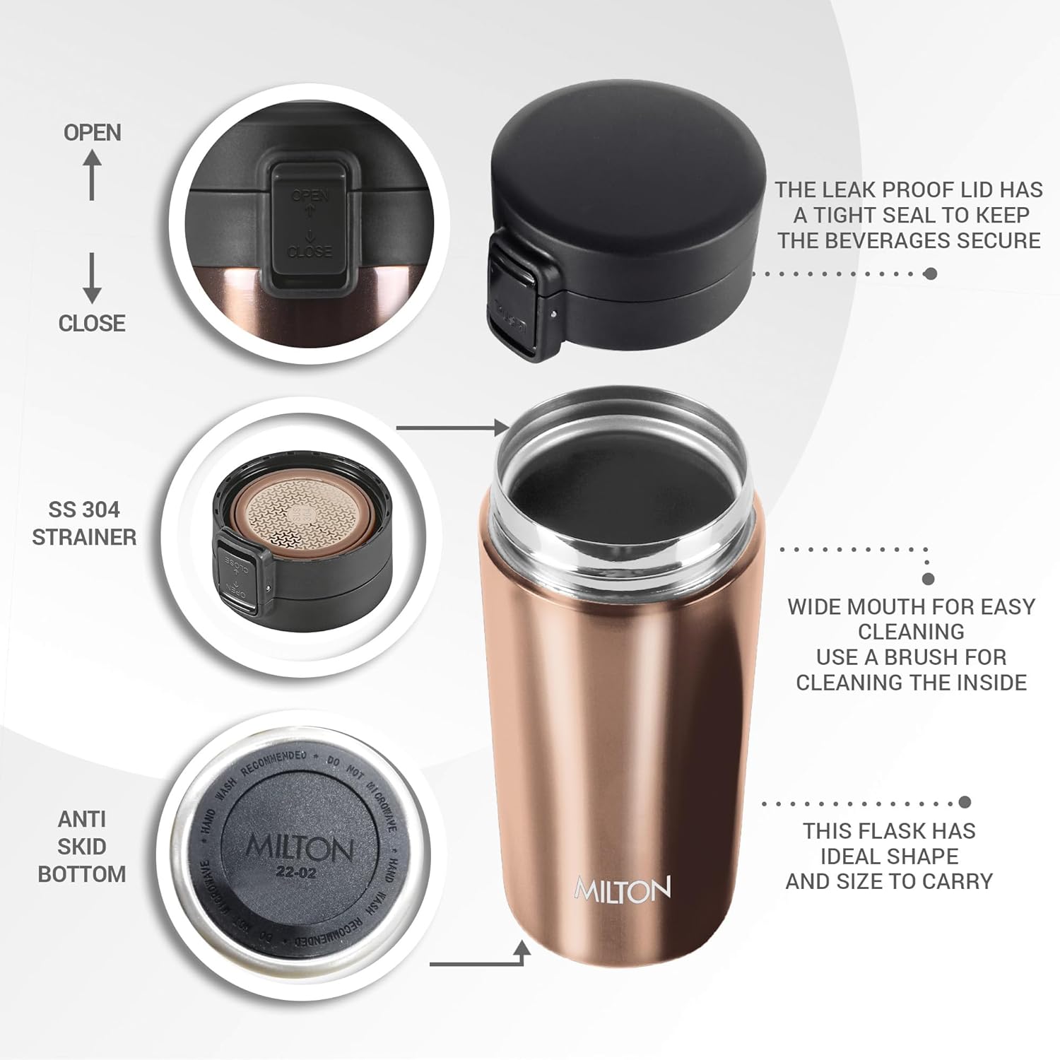 MILTON Taza de café aislada al vacío de doble pared con tapa a prueba de fugas, tazas de café reutilizables  Taza de café de viaje para automóvil