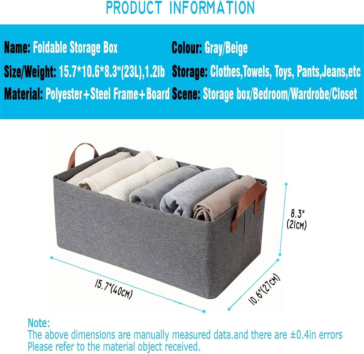AARAINBOW 4 organizadores de ropa de armario con asa, caja de almacenamiento de tela con marco de acero, cestas de almacenamiento apilables, caja de