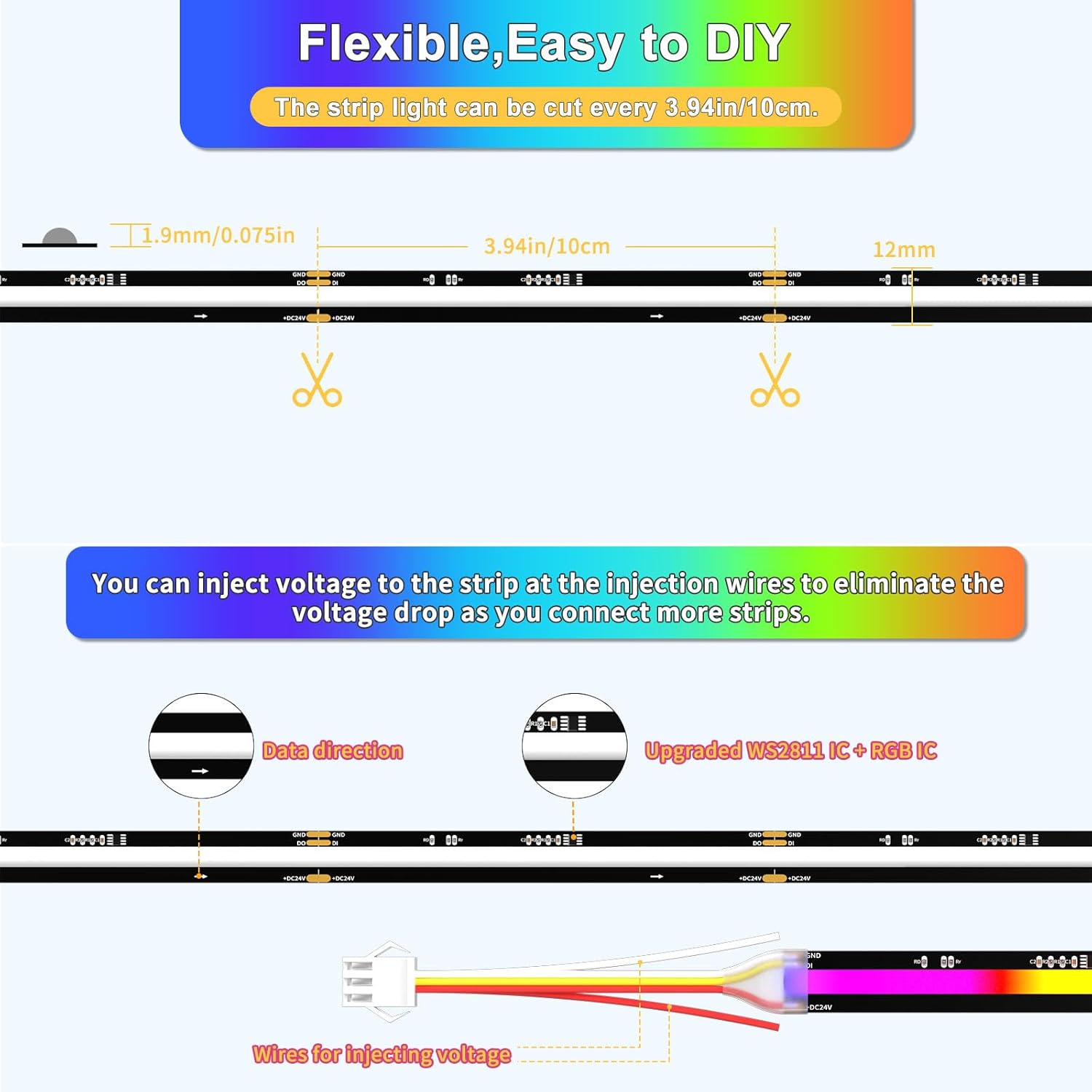 PAUTIX Tira de luz LED RGB Smart IC COB direccionable 24 pies24.6 ft, tira de luz de persecución de color de 24 V, multicolor, flexible, para TV,