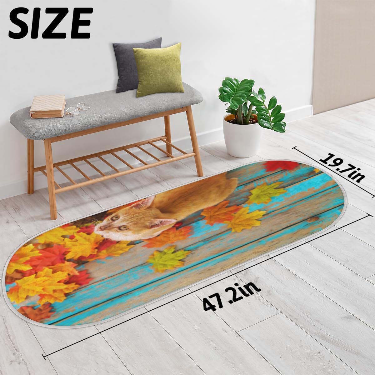 Cat Maple Leaves Memory Foam Bathroom Rug Runner Soft Cozy Bath Rug Water Absorbent Non-Slip Bathroom Mat Thick Velvet Shower Mat Bath Mat for