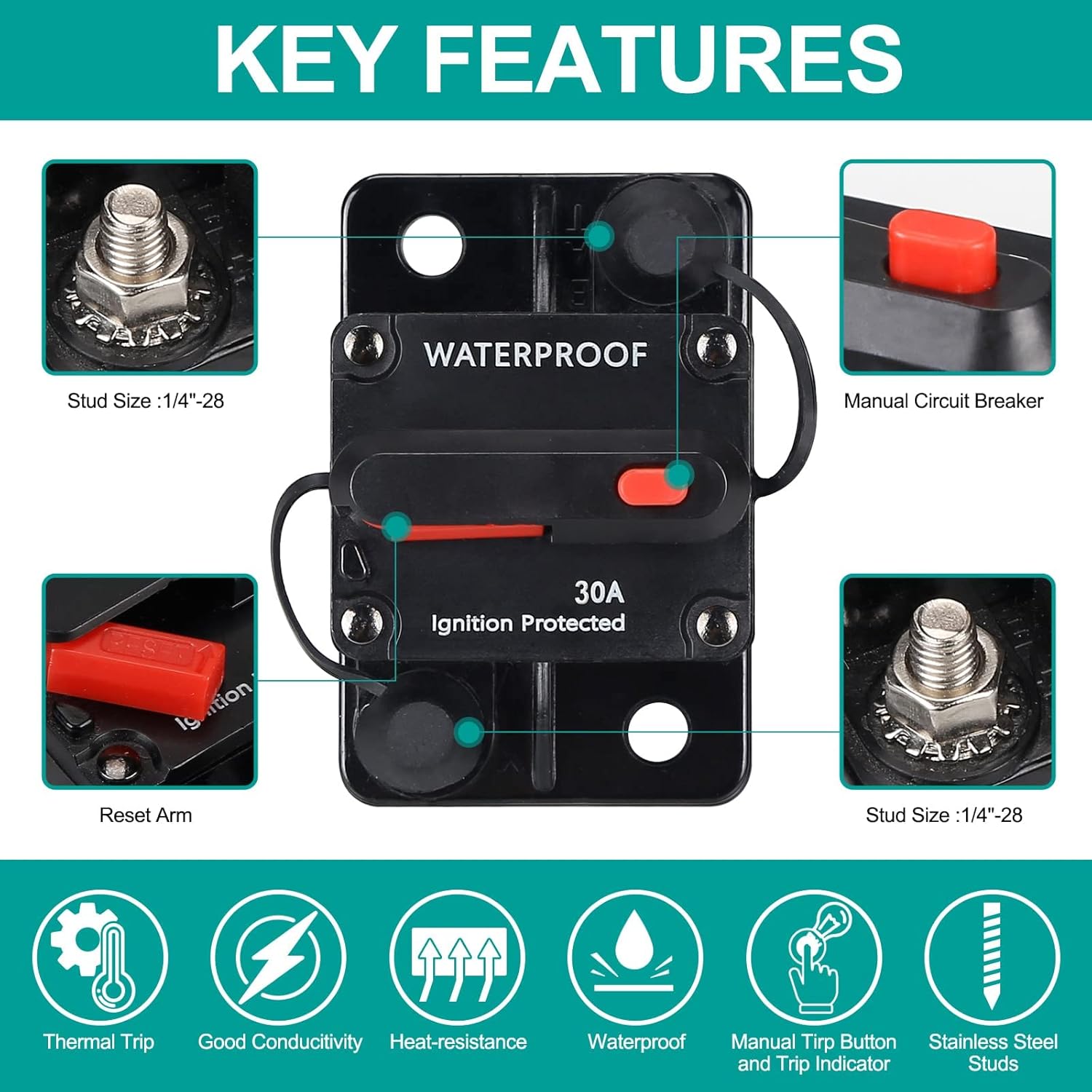 Disyuntor impermeable de 30 amperios, con reinicio manual, 12 V-48 V CC, para motores marinos de arrastre de automóvil, barco, ATV, protección de