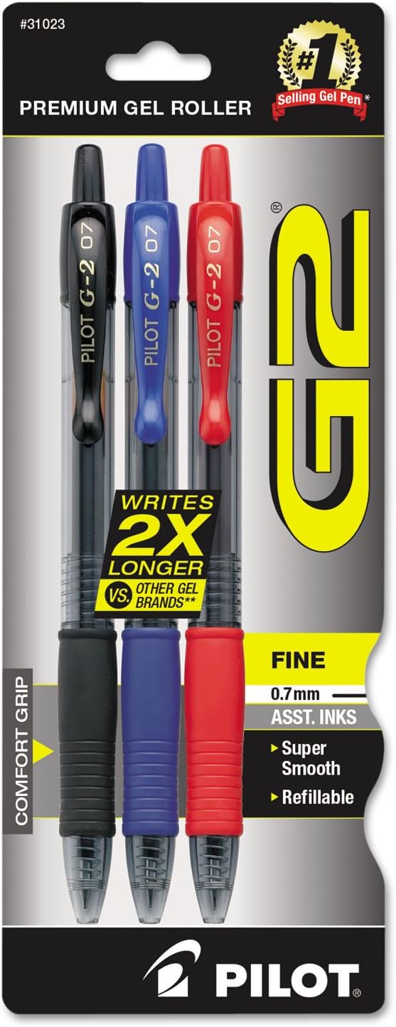 Pilot 31023 G2 Premium Bolígrafo retráctil de tinta de gel, recargable, tinta surtida, 0.028 in, paquete de 3
