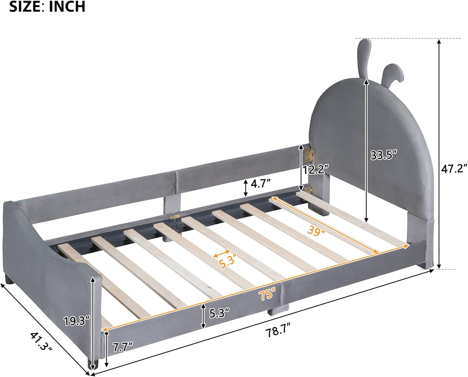 Cama tapizada de tamaño individual con cabecera en forma de conejo, marco de cama de plataforma baja con rieles, sofá cama de terciopelo con soporte