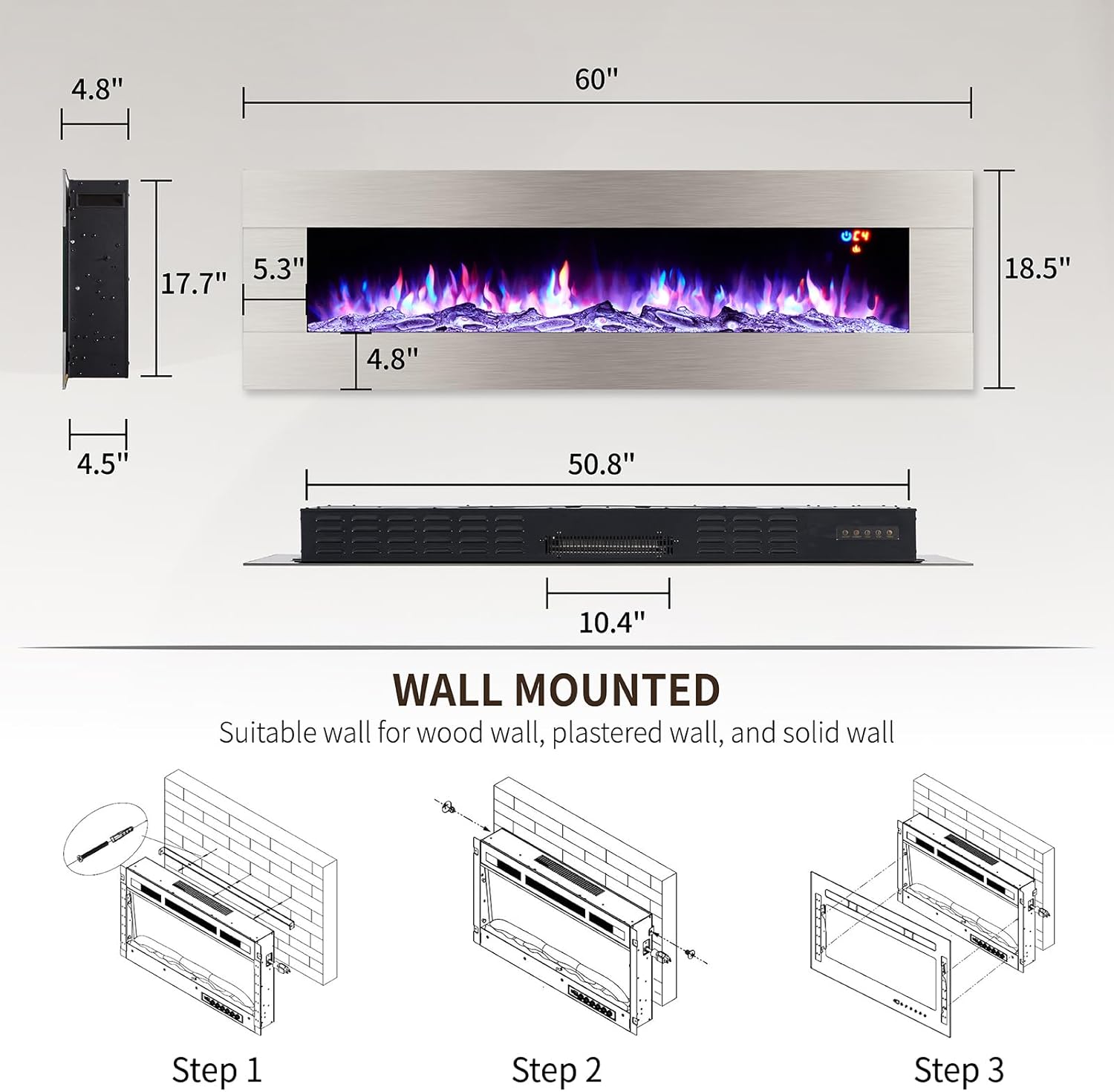 AMERLIFE Chimenea eléctrica de montaje en pared de 60 pulgadas con control remoto, calentador flotante de pared con colores de llama ajustables y