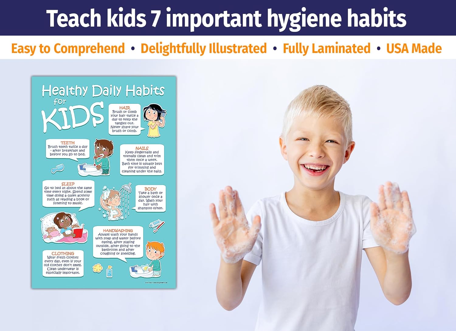 Póster de higiene de 7 hábitos diarios saludables para niños, laminado, 12 x 18 pulgadas, preescolar, escuela primaria, decoración de oficina de