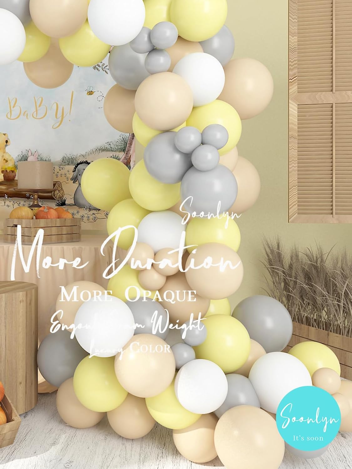 Soonlyn The Pooh – Kit de guirnalda de arco de globos para decoración de baby shower, 9-10 pies, 12 pulgadas, amarillo, nude, gris, blanco, para