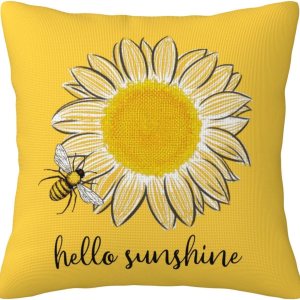 Hello Sunshine – Fundas de almohada decorativas de verano, diseño de abeja de girasol, granja, fundas de almohada cuadradas amarillas para patio, Hello Sunshine – Fundas de almohada decorativas de verano, diseño de abeja de girasol, granja, fundas de almohada cuadradas amarillas para patio,