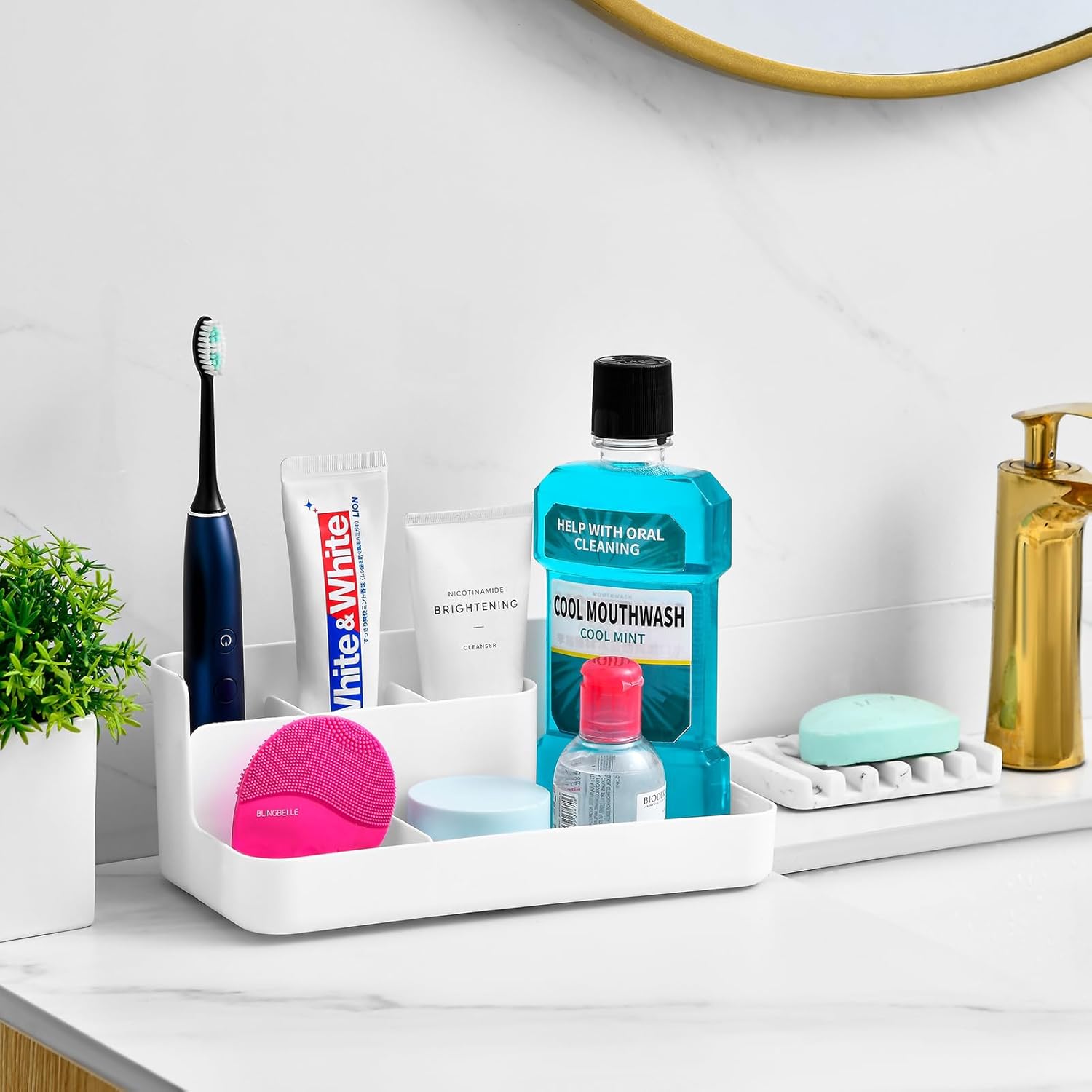 VITVITI Porta cepillos de dientes para baño, organizador de baño, encimera, organizador de encimera de baño con 5 compartimentos de almacenamiento