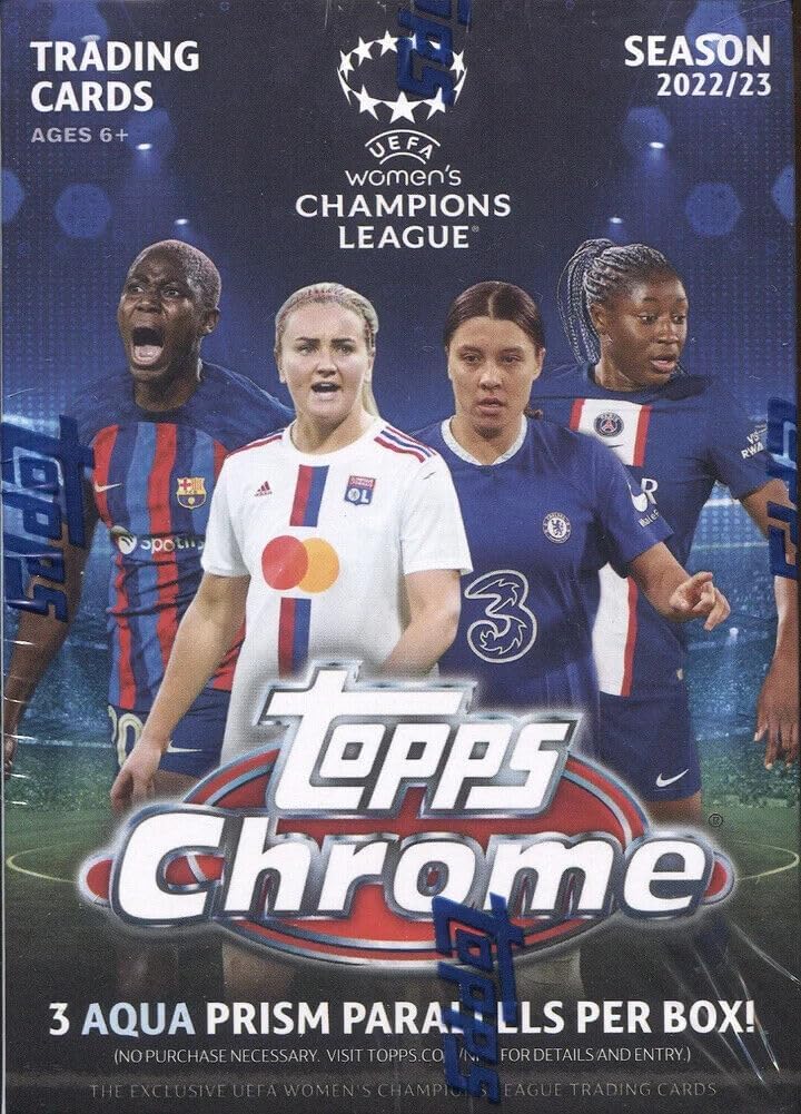 Topps Chrome 2022 2023 – Colección de fútbol de la UEFA para mujer, colección de fútbol de la UEFA con 3 paralelos exclusivos de Aqua Prism por caja