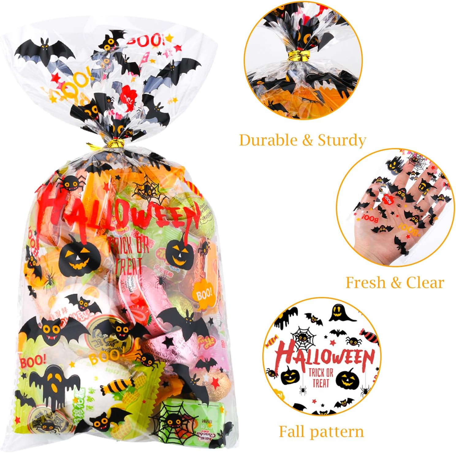 180 bolsas de celofán de Halloween, bolsa de plástico transparente para dulces con lazos dorados para fiestas de Halloween