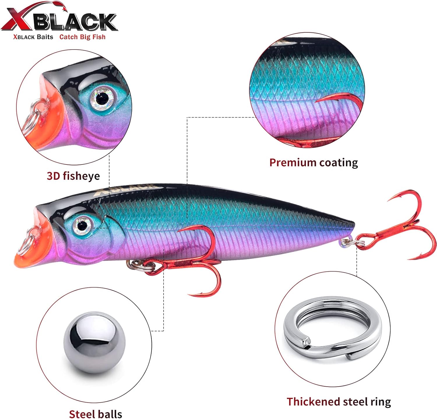 Fishing Lures Set Minnow Crankbaits Pencil Jointed Popper VIB Lures Fishing Lures Kit 5PCS for Bass Trout in Saltwater and Freshwater, XBLACK Baits,
