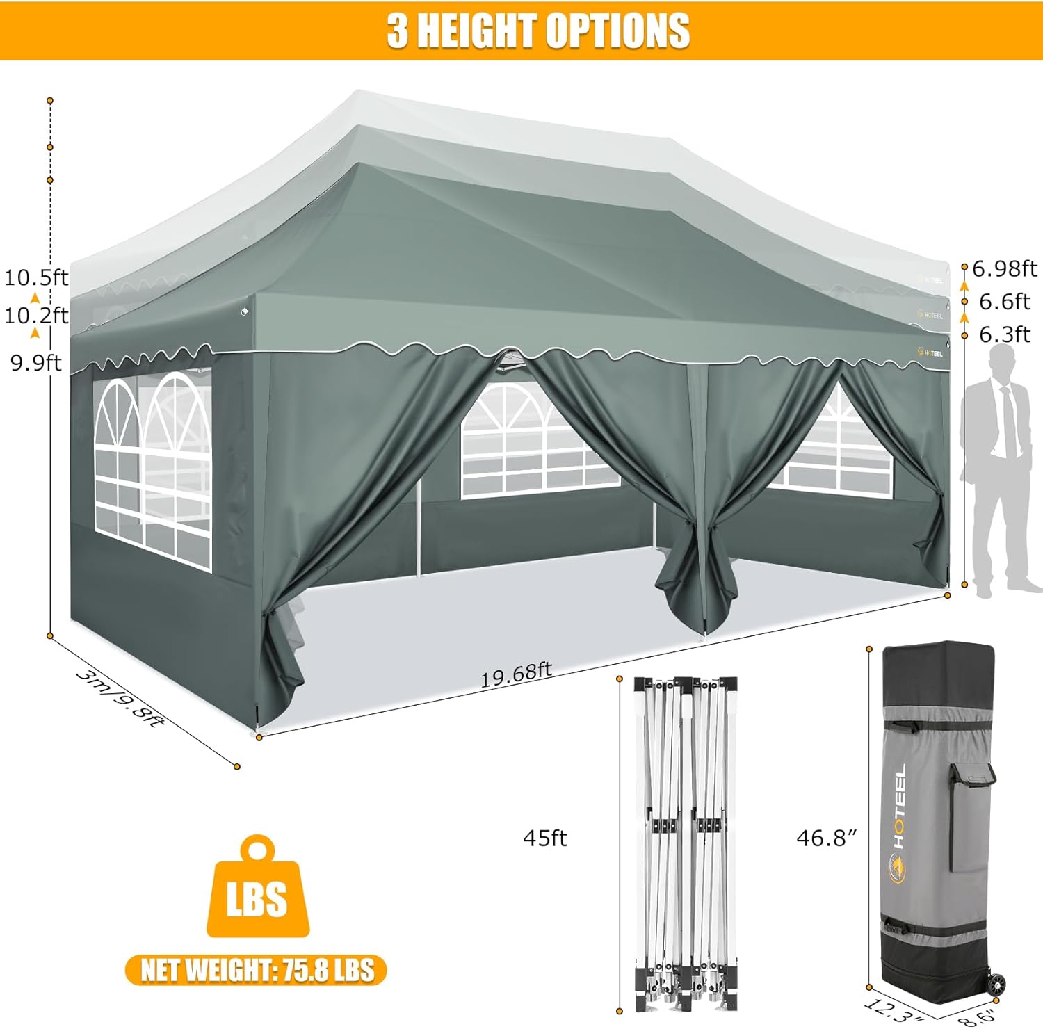 HOTEEL Tiendas de campaña para fiestas, toldo de 10 x 20 pulgadas, toldos al aire libre con paredes laterales y ventanas de iglesia, toldo