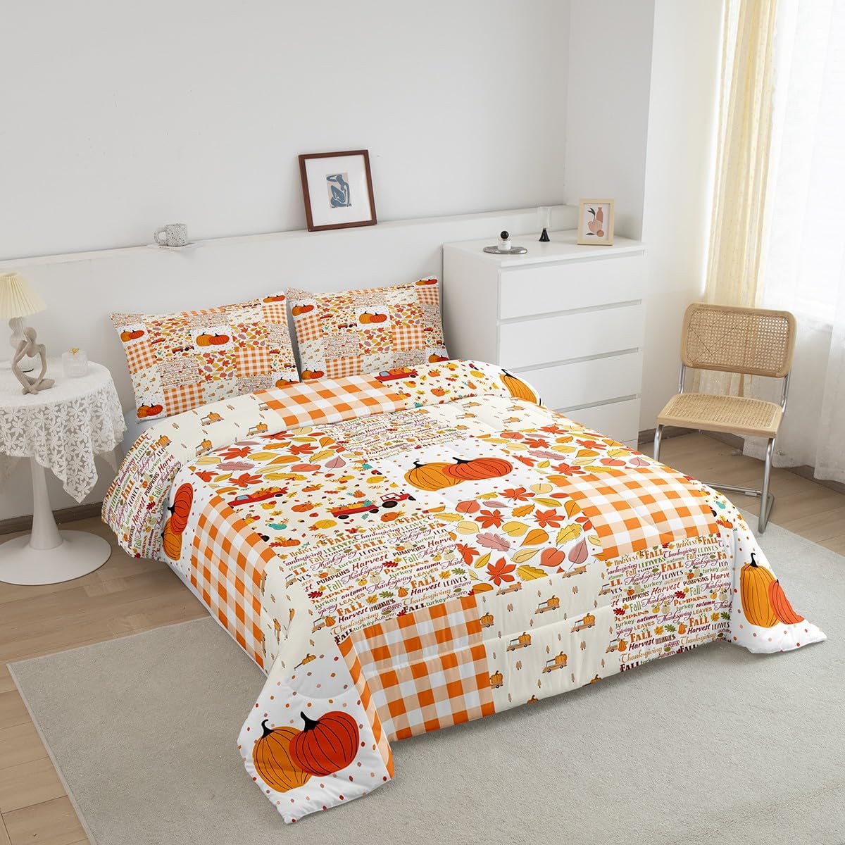 Juego de edredón de calabaza de otoño, tamaño Queen, juego de ropa de cama de Acción de Gracias, 3 piezas de hojas de arce, tractores de granja,