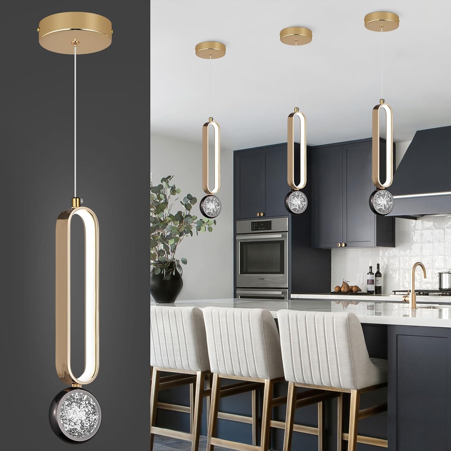 Modernas lámparas colgantes LED doradas, mini lámparas colgantes ovaladas, para isla de cocina, regulable, 6000 K, luz colgante para cocina, isla,