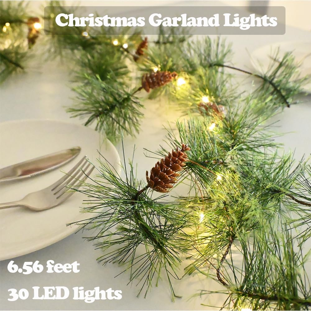 Guirnalda de Navidad con 30 luces LED de 6.56 pies, funciona con pilas, guirnaldas de pino ahumado con conos de pino, guirnalda de vegetación