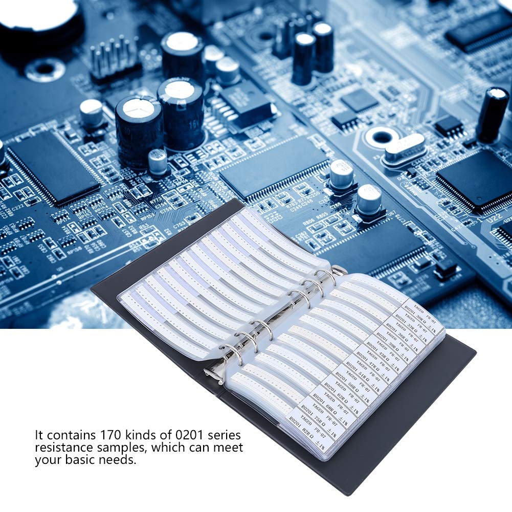 0201 Libro de muestras de resistencias SMD, kit de resistencia de 170 valores 50 cada uno 1% de precisión en estuche de libro de almacenamiento,