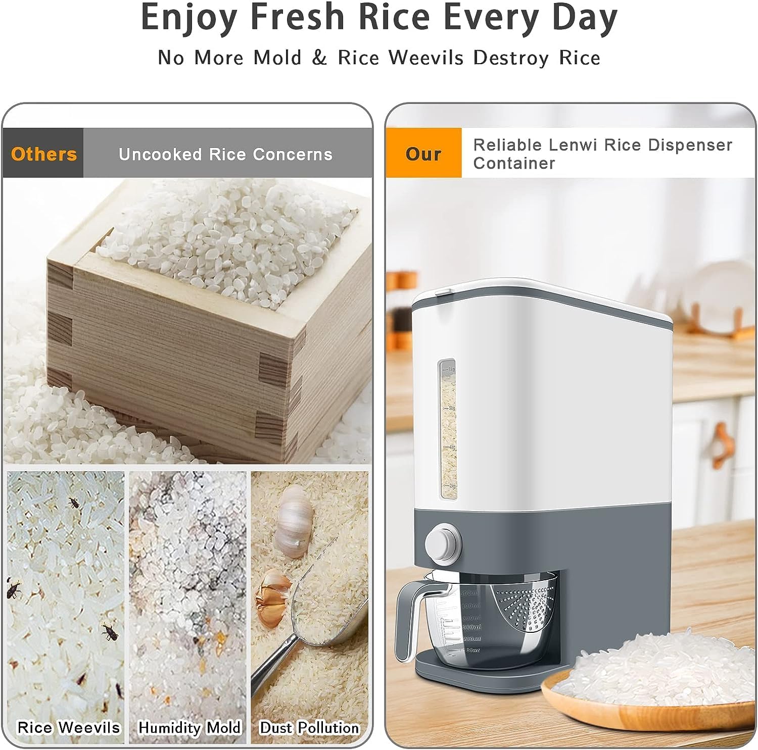 Fastand Dispensador de arroz de 25 libras, recipiente de almacenamiento de alimentos secos de cereales con taza medidora, hermético, a prueba de