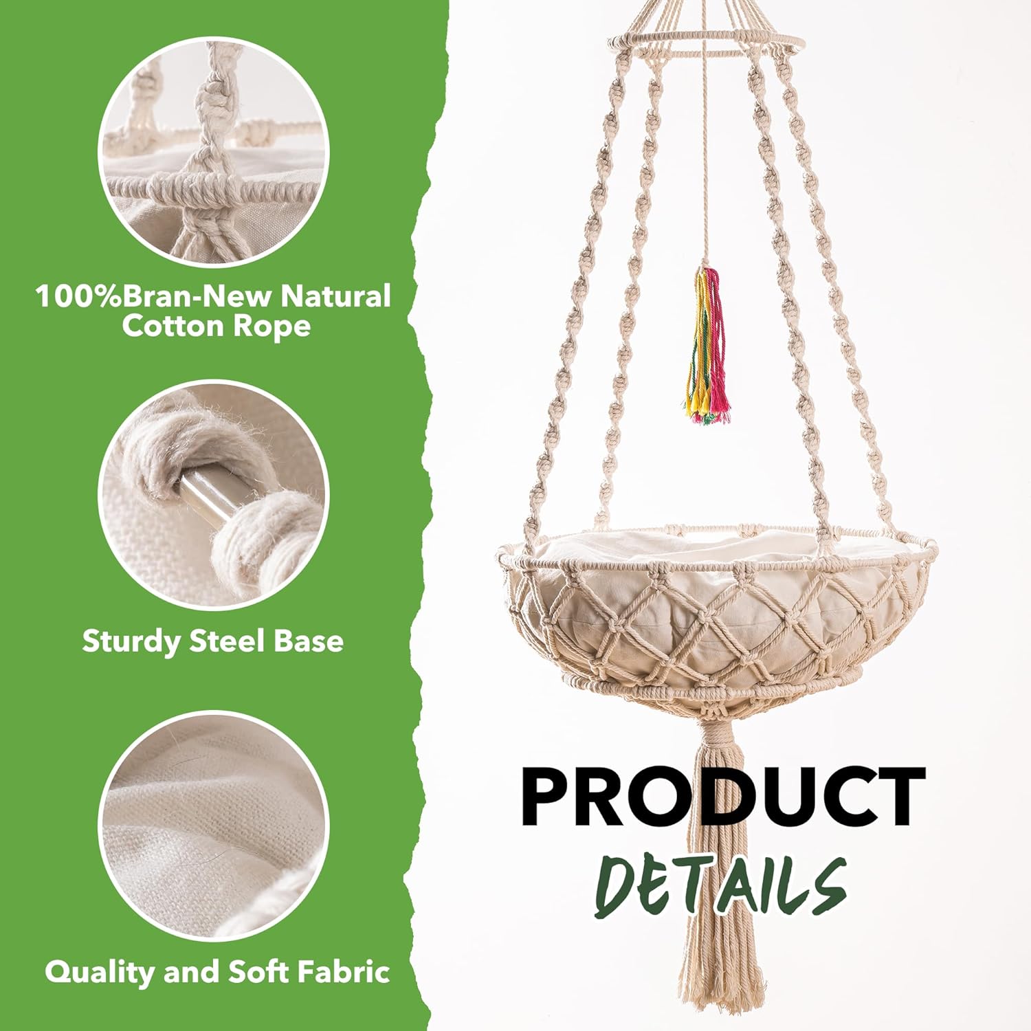 MEWOOFUN Hamaca colgante de macramé, cama tejida a mano para gatos con alfombrilla de algodón lavado y divertido juguete para gatos para dormir