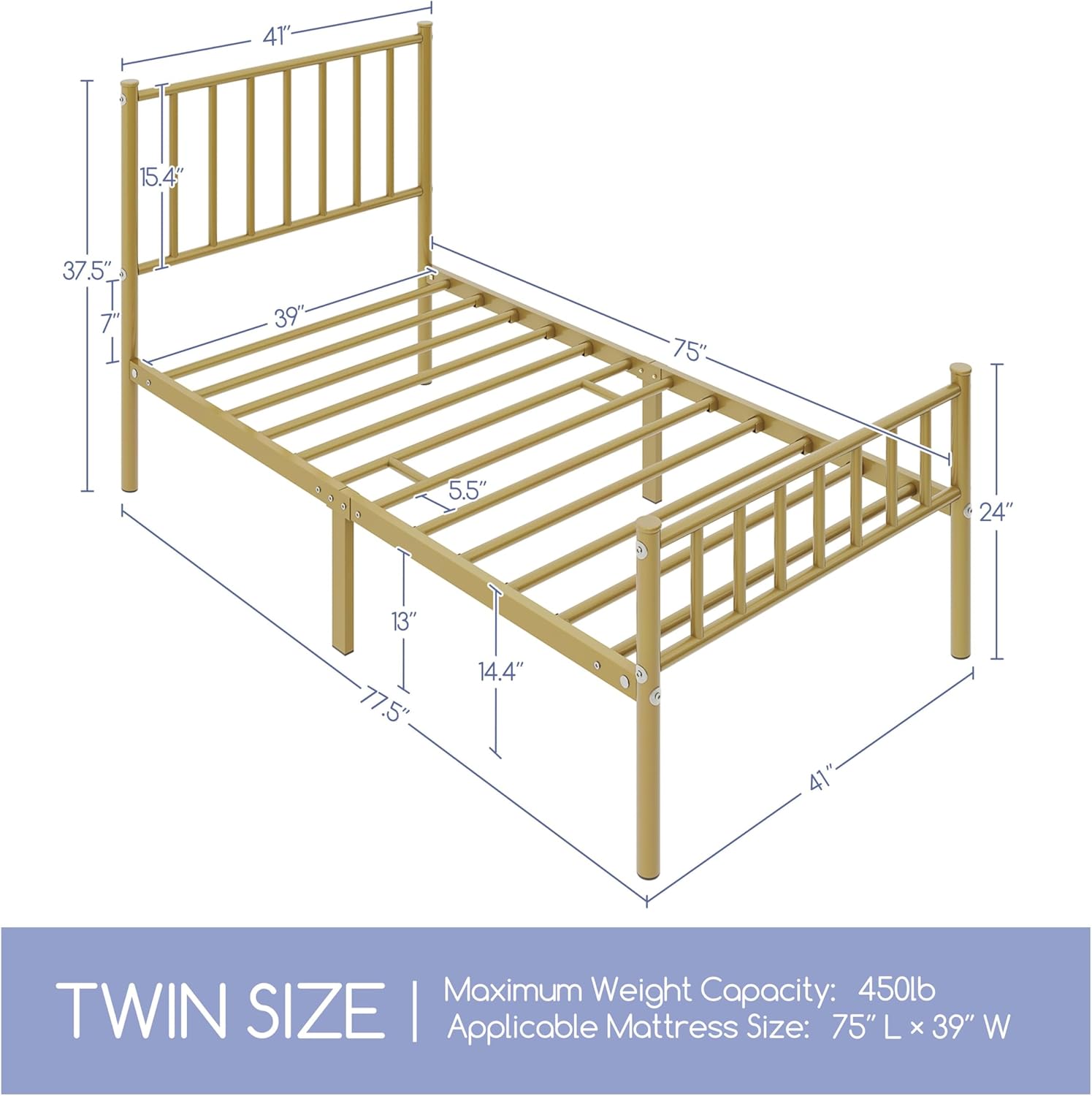 Yaheetech Base de cama tamaño individual con plataforma de metal, base de colchón con cabecero y estribo, no necesita somier, almacenamiento debajo
