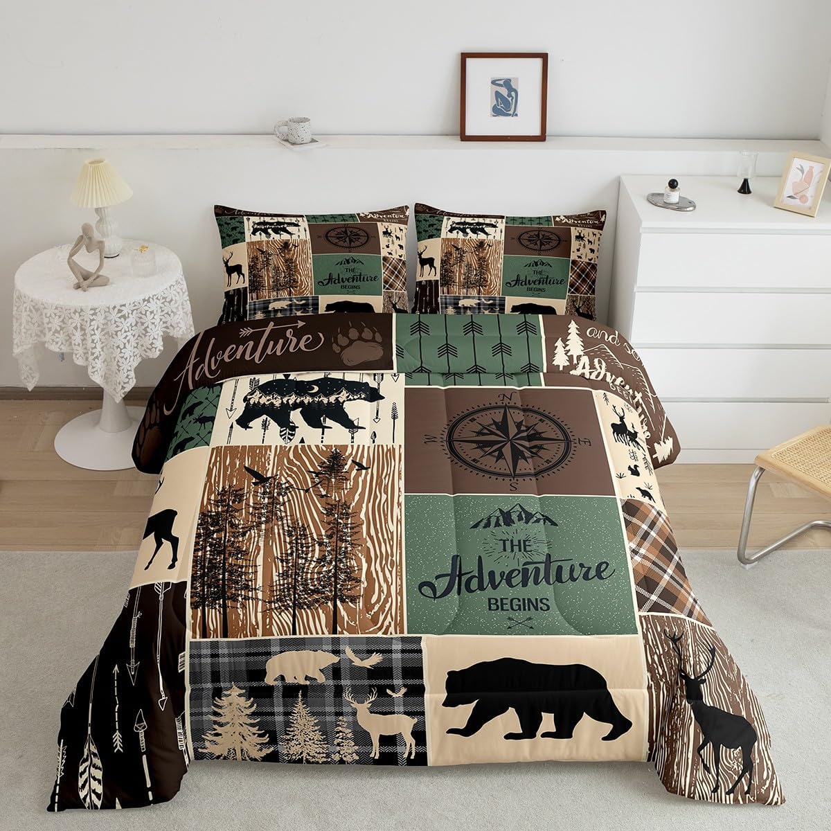 Juego de edredón de oso de caza, ciervo, juego de ropa de cama a cuadros tamaño King, edredón rústico de retazos de cabaña para niños, adolescentes,