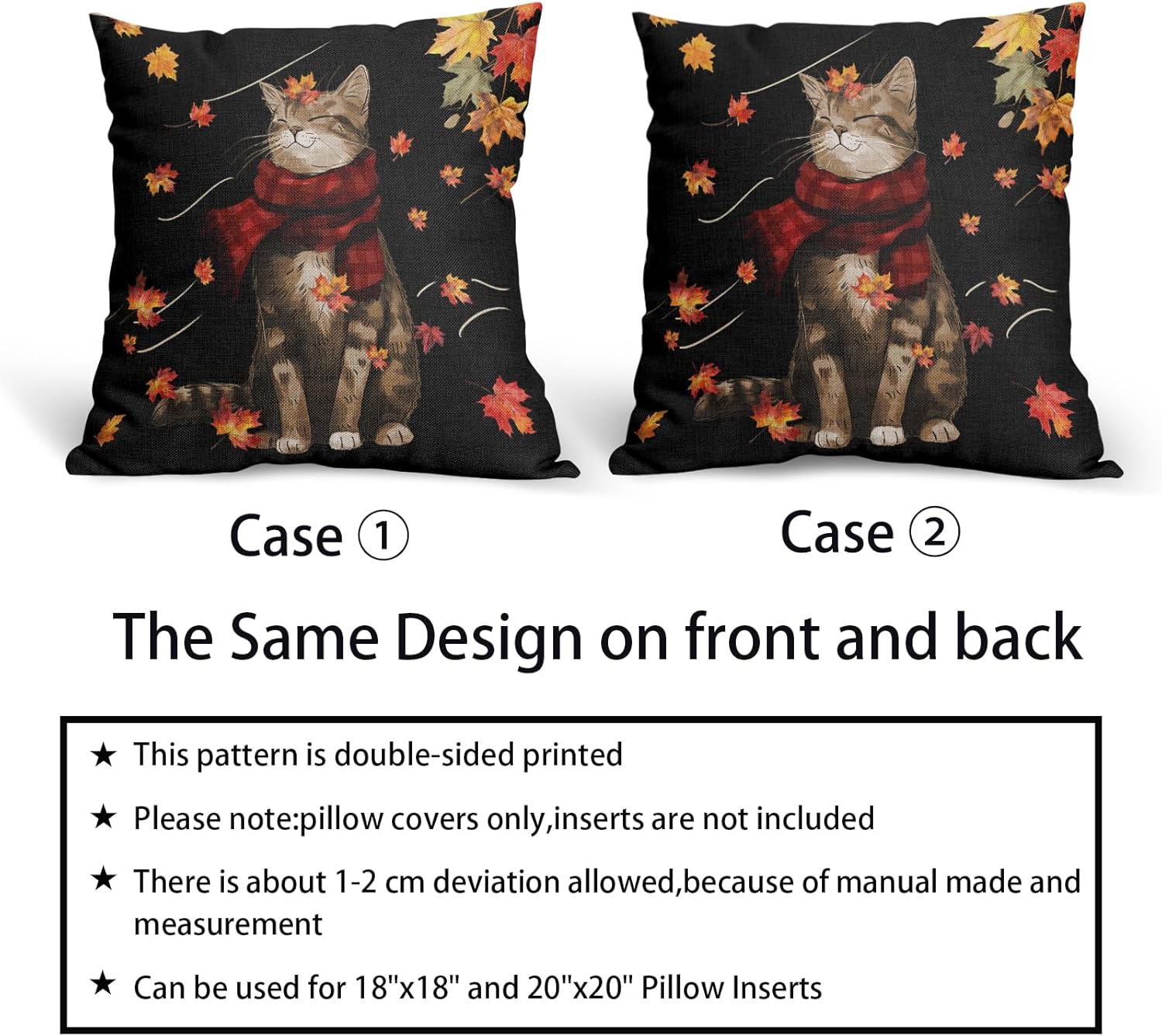 Juego de 2 fundas de almohada de gato de otoño de 16 x 16 pulgadas, diseño de hojas de arce con fondo negro, fundas de almohada decorativas para