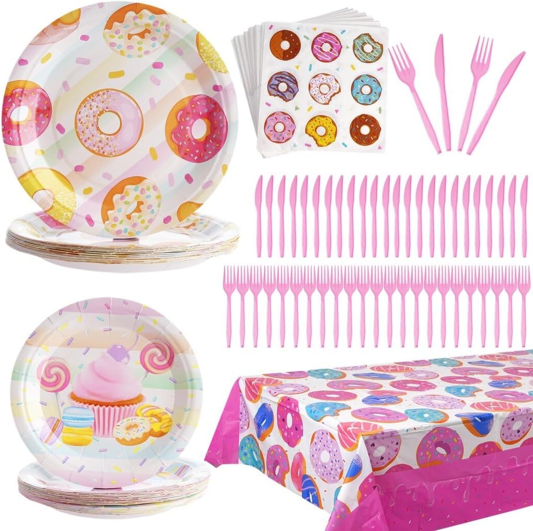 Juego de vajilla de 126 piezas para fiesta de donas, decoración de fiesta de donas, juego de vajilla de papel con platos desechables, servilletas,