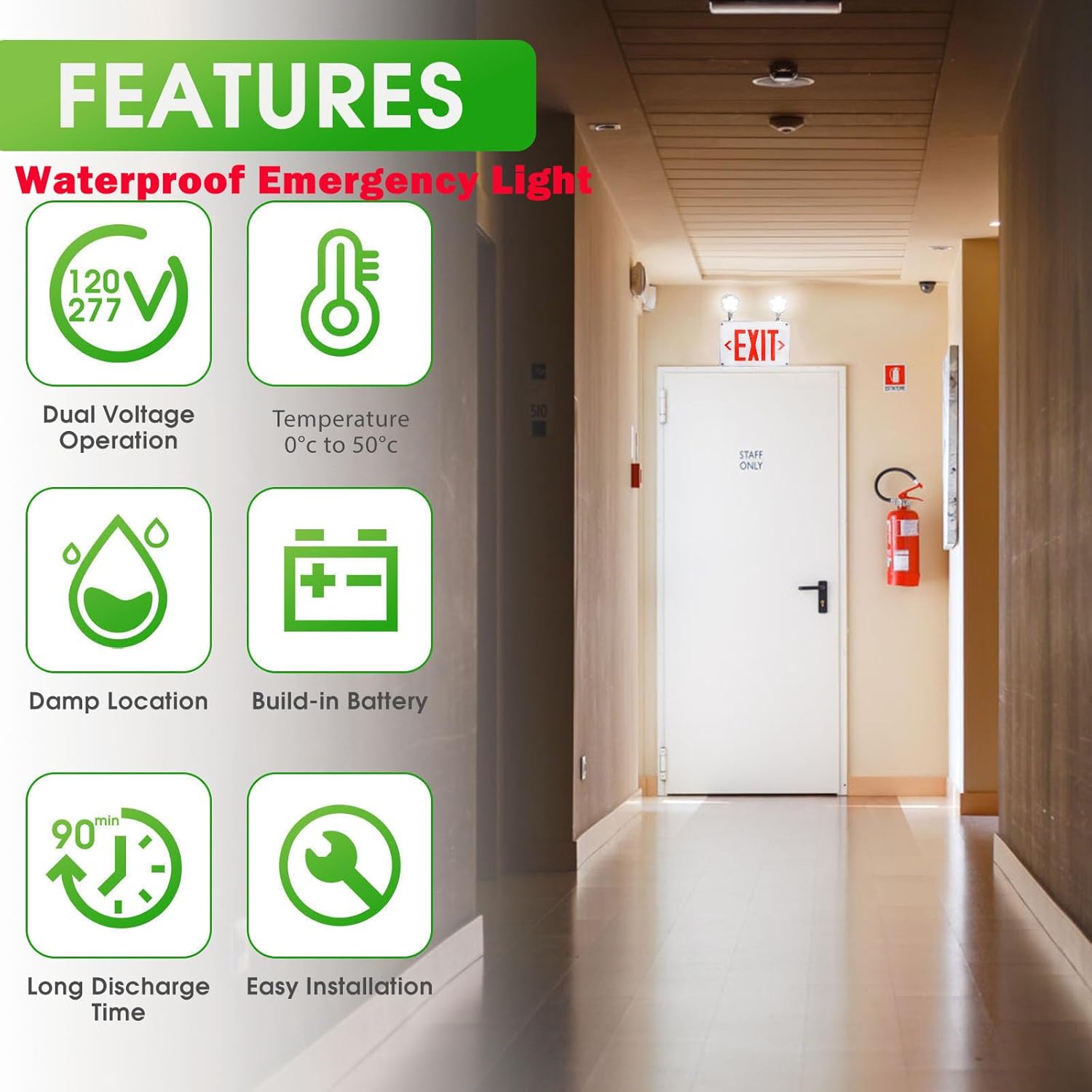 Waterproof LED Emergency Light, Red Letter, Dual Rotational LED Emergency Light with Backup Battery, Commercial Grade, Fire ResistantSuitable for