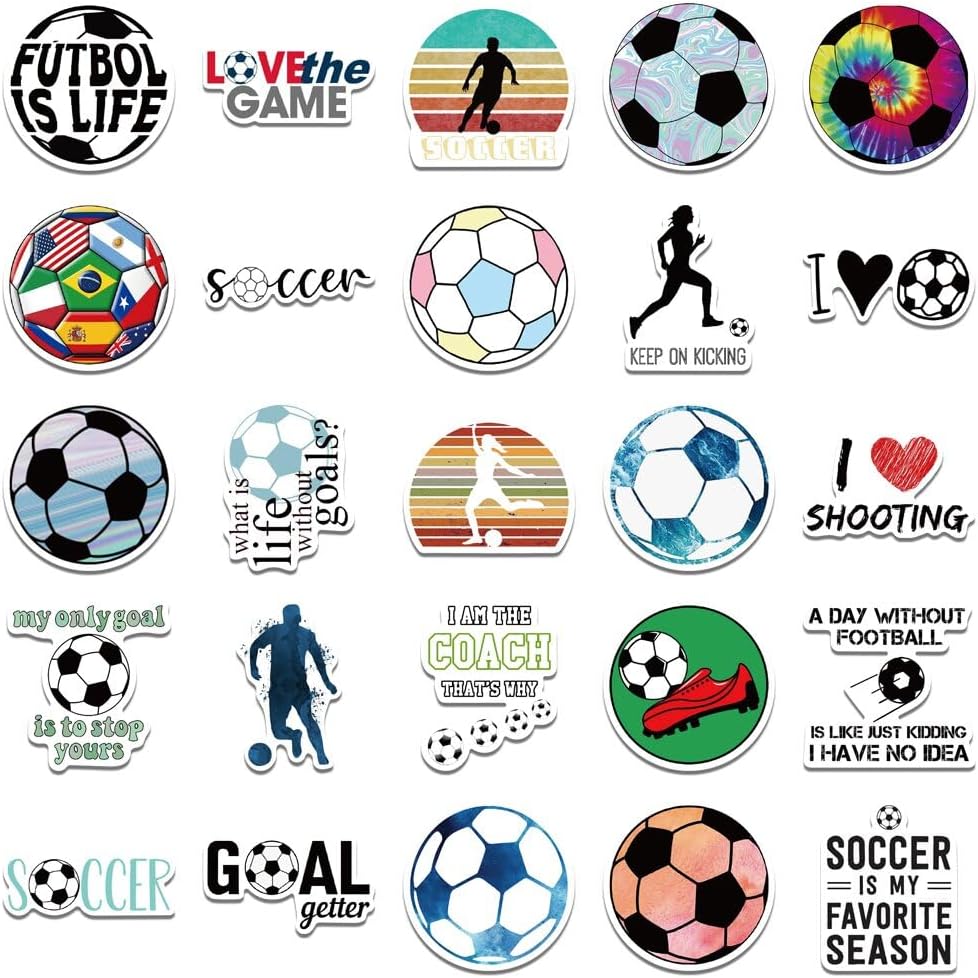 Calcomanías deportivas de fútbol, accesorios de fútbol, 50 calcomanías impermeables de vinilo de FDCcX para botella de agua, laptop, bicicleta,
