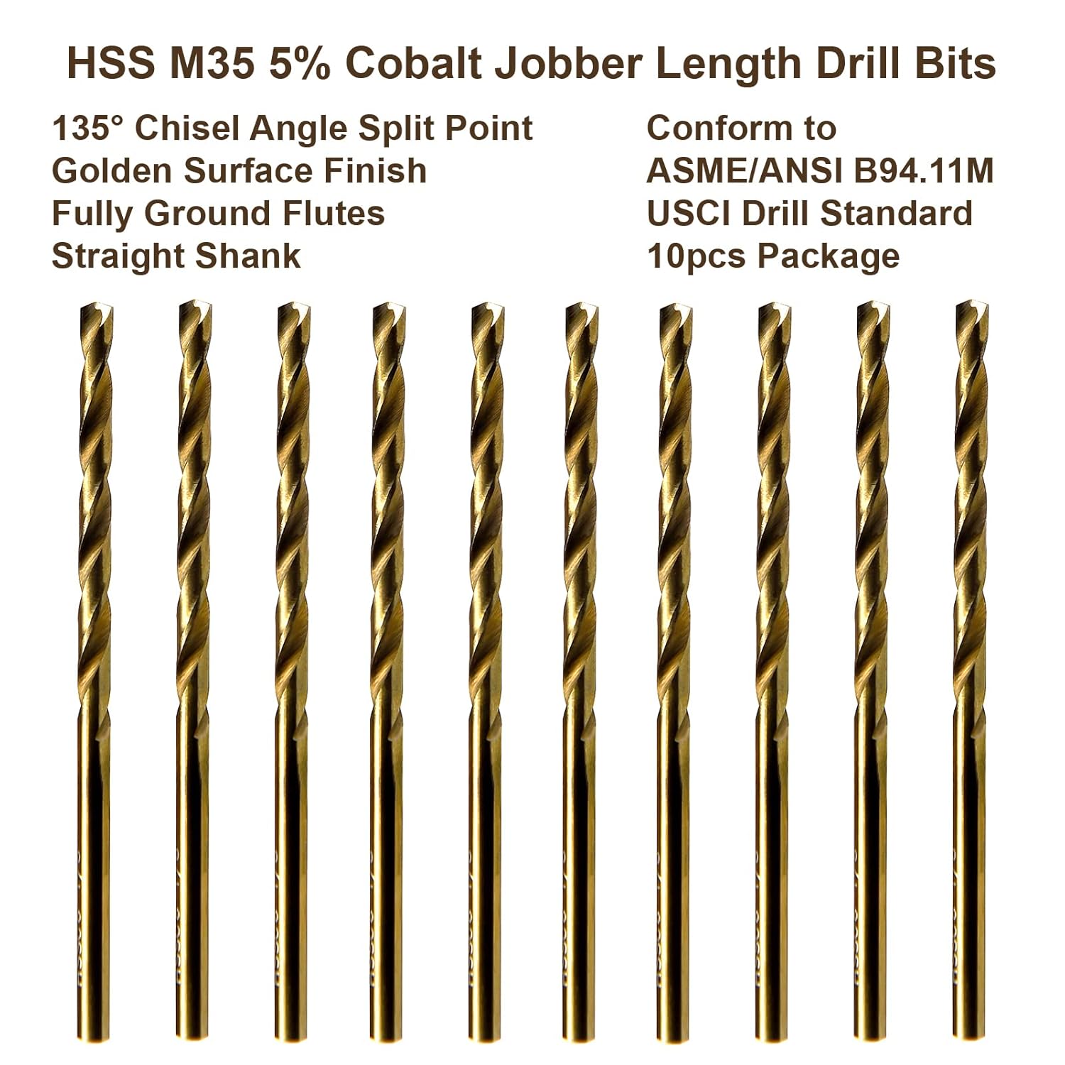 MAXTOOL 10 brocas idénticas de longitud de trabajo HSS M35 de 1364 pulgadas, brocas giratorias de 5% cobalto totalmente molidas doradas