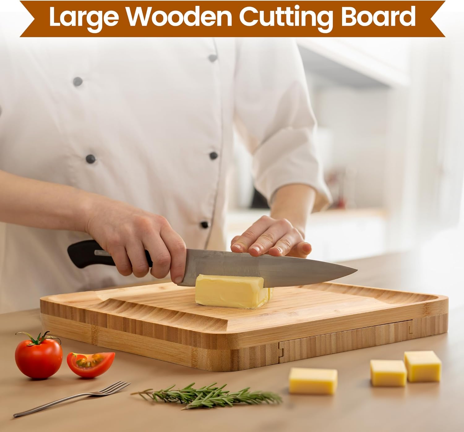 Juego de tabla de queso de bambú y cuchillos, juego de tabla cuadrada de charcutería con bandeja deslizante, tabla de cortar de gran tamaño con
