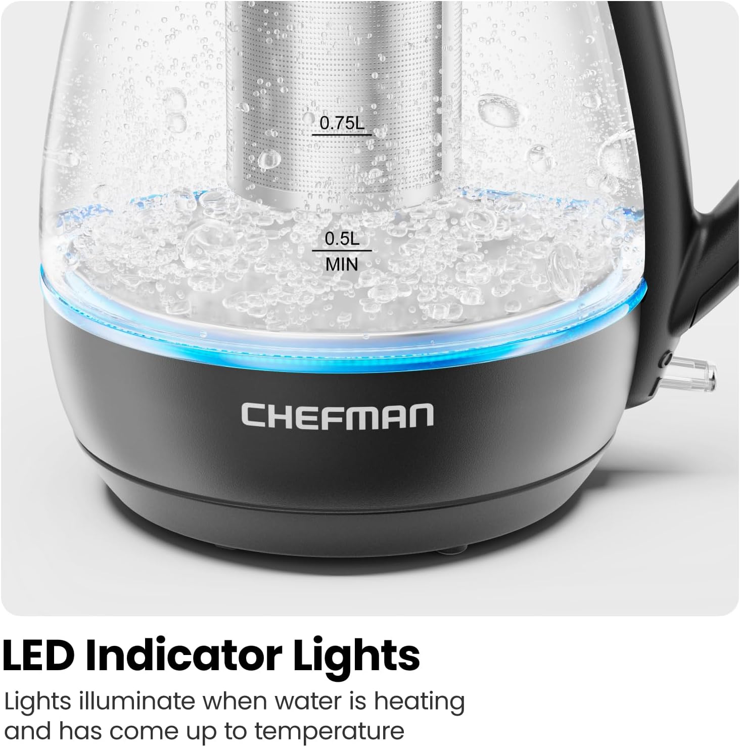 Chefman Hervidor eléctrico con infusor de té, 1 litro, 1500 W, tapa extraíble para una fácil limpieza, protección contra hervido y seco, filtro de