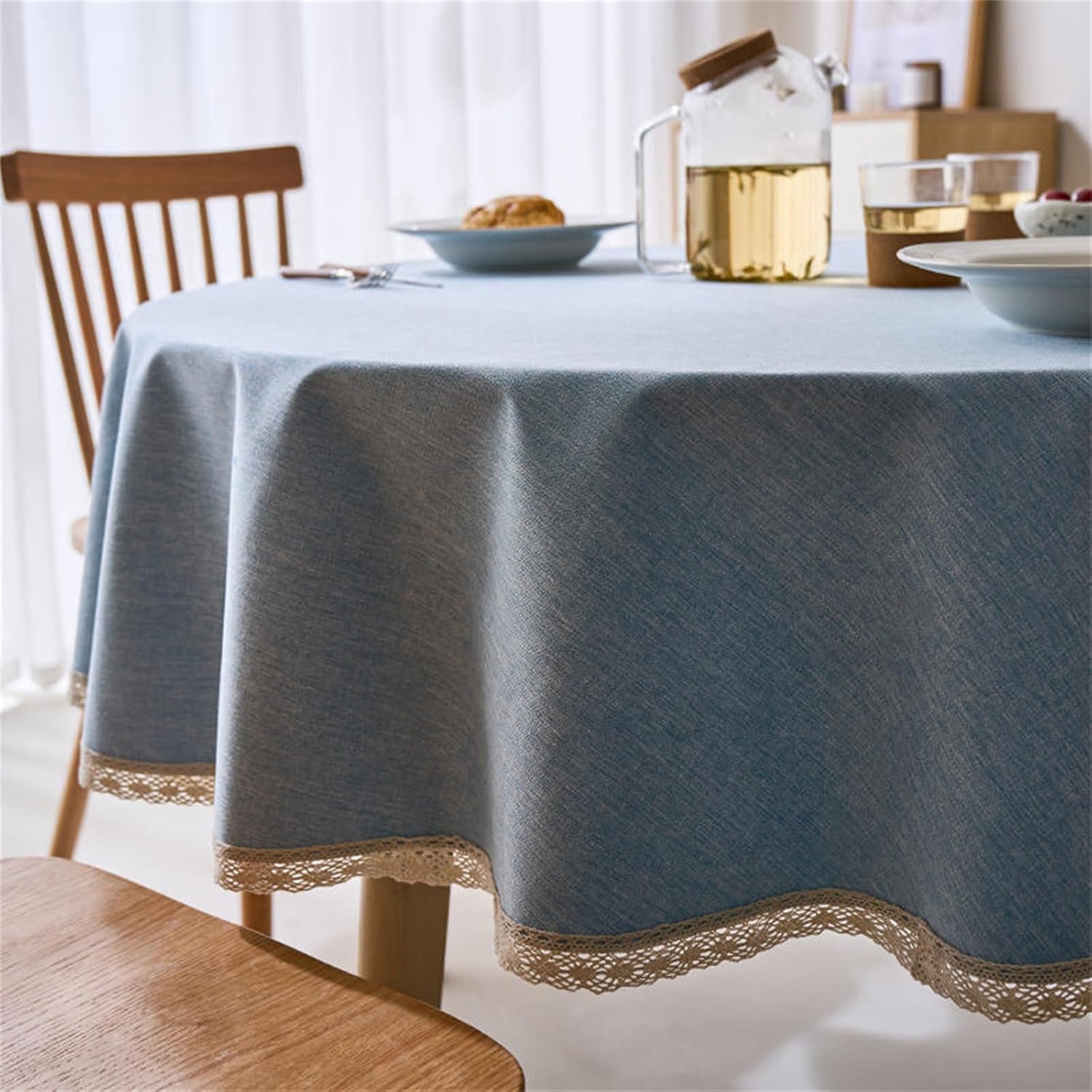Mantel redondo con textura de lino con ribete de encaje, impermeable, a prueba de derrames, para decoración de mesa de cocina, comedor, azul claro,