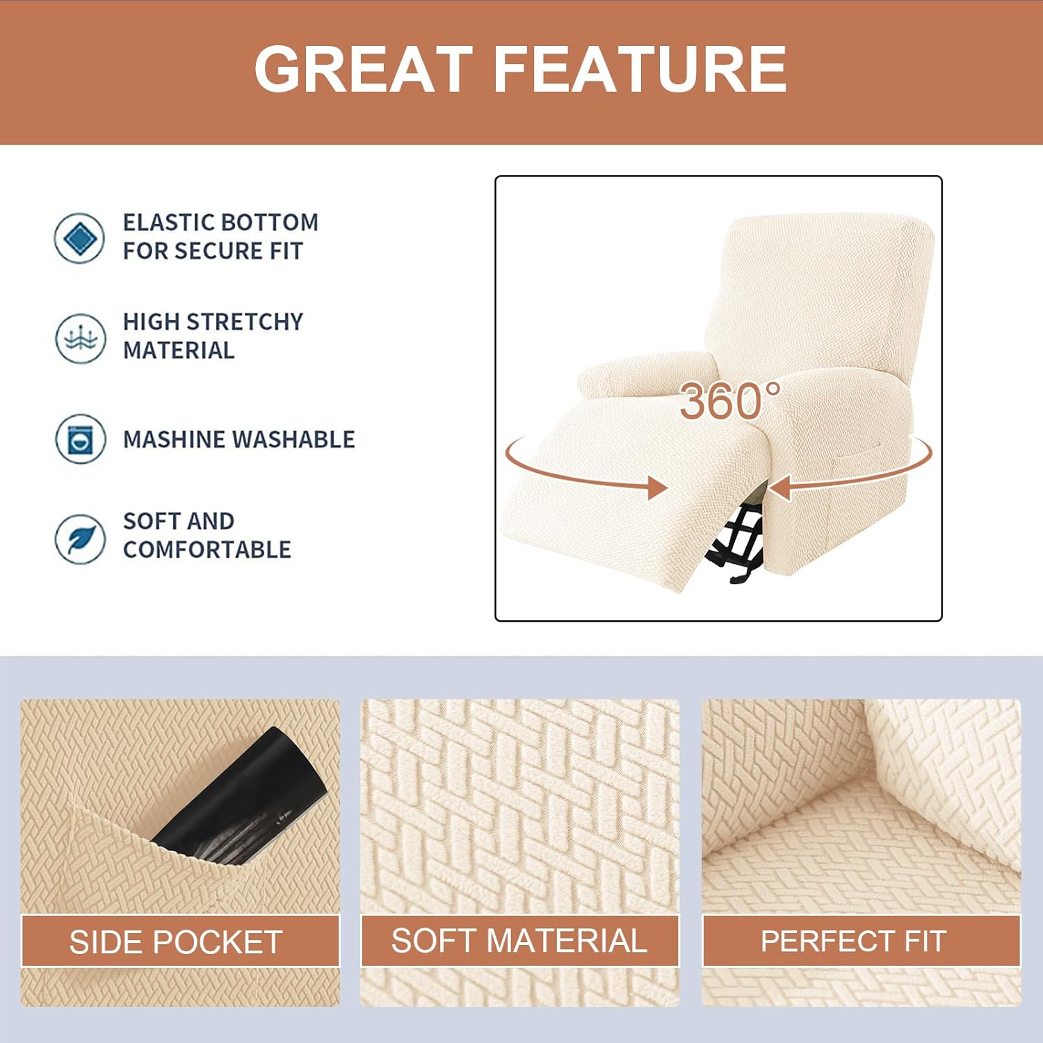 Eco-Ancheng Fundas reclinables Lazyboy de 4 piezas, fundas para sofá reclinable, fundas antideslizantes para sillas reclinables, con bolsillos de