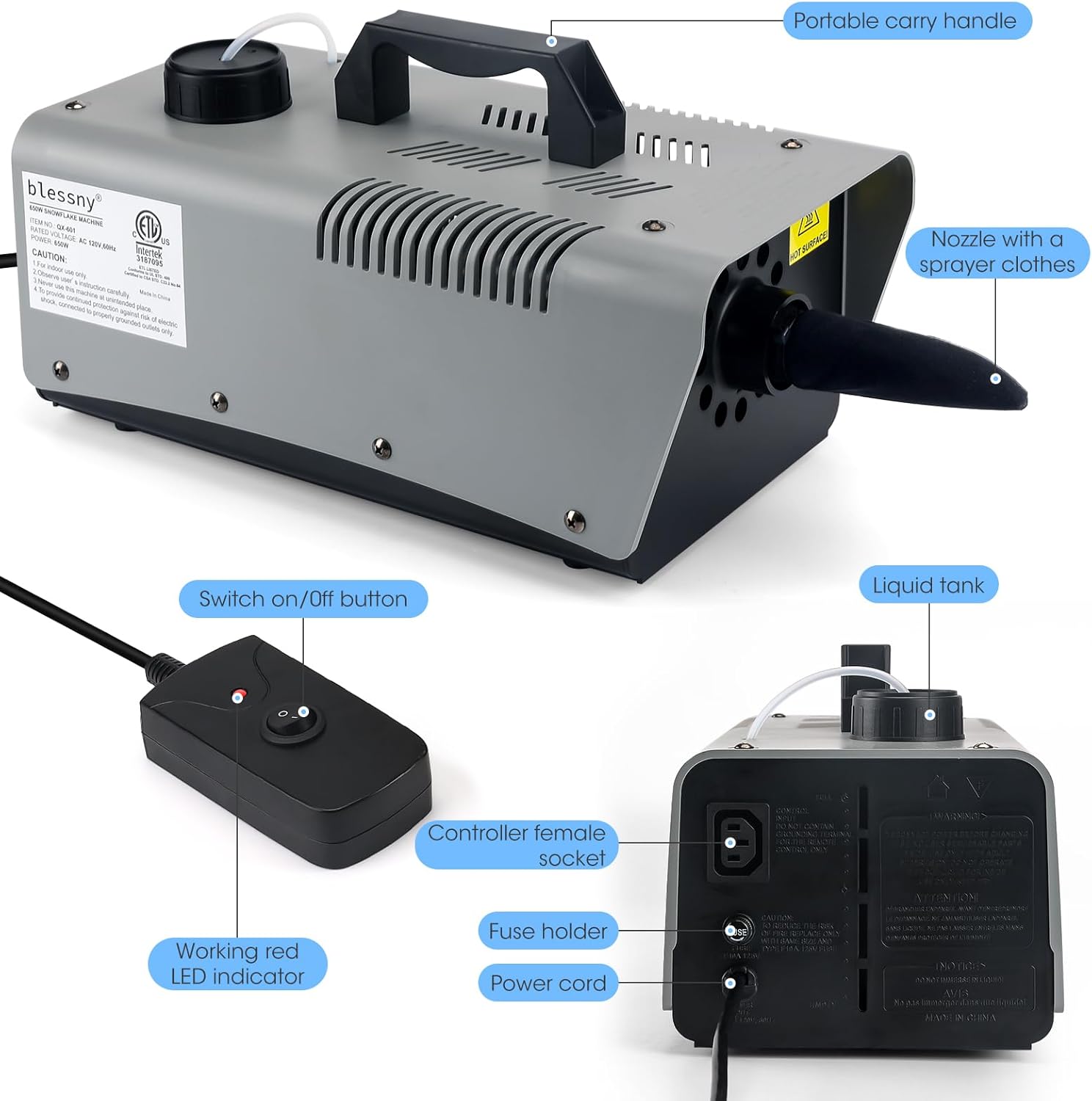 Máquina de nieve artificial de 650 W para exteriores, con certificación ETL, portátil, para niños, fiestas, escenarios, Navidad, cumpleaños, bodas,