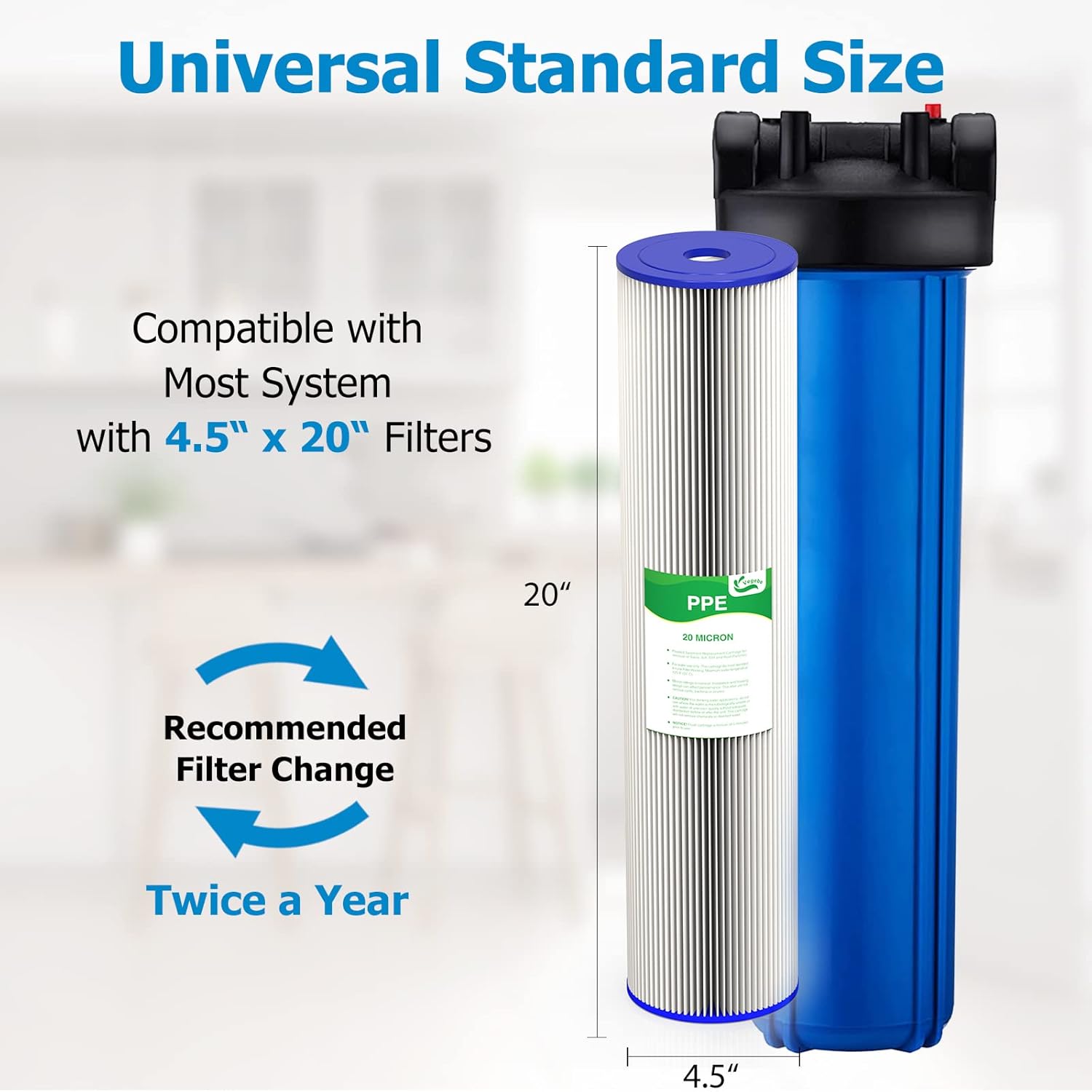 Cartucho de repuesto de filtro de agua para toda la casa de 20 micrones y 20 pulgadas, filtros de agua plisados de sedimentos de 4.5 x 20 pulgadas
