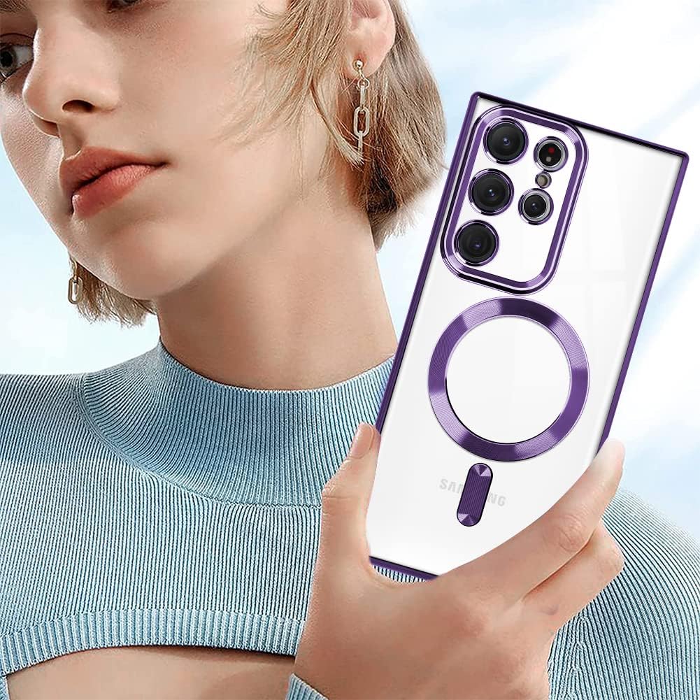 OOK Funda magnética transparente para Galaxy S22 Ultra, compatible con MagSafe, diseño de corazón de amor, funda galvanizada de TPU suave a prueba