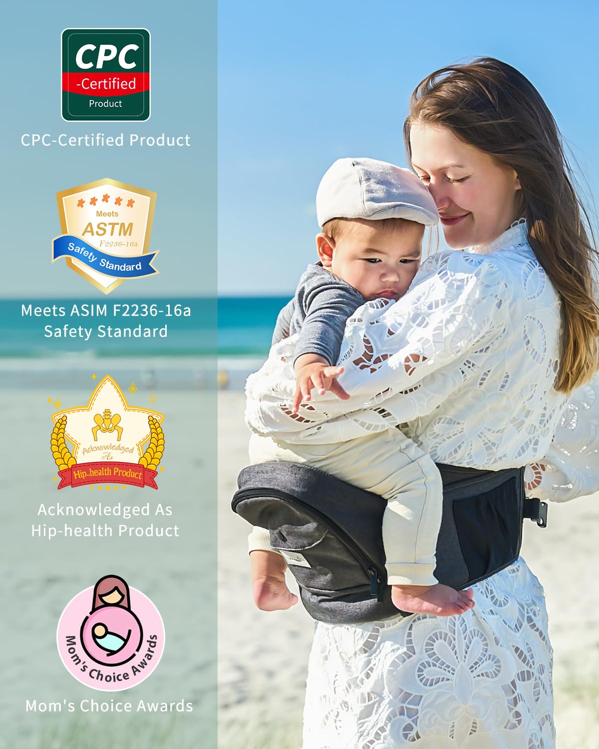 Portabebés ergonómico con múltiples bolsillos, cintura extendida ajustable para recién nacidos y niños pequeños de hasta 50 libras, color gris