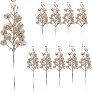 Abaodam 10 piezas de bayas de imitación de Navidad, púas de bayas de Navidad, tallos de bayas rojas de imitación, bayas en tallos de bayas doradas Abaodam 10 piezas de bayas de imitación de Navidad, púas de bayas de Navidad, tallos de bayas rojas de imitación, bayas en tallos de bayas doradas
