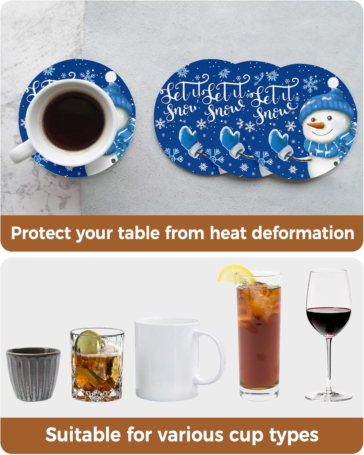 Juego de 4 posavasos de Navidad para bebidas, juego de 4 con soporte, muñeco de nieve de Navidad, copos de nieve de invierno, tapete de cerámica