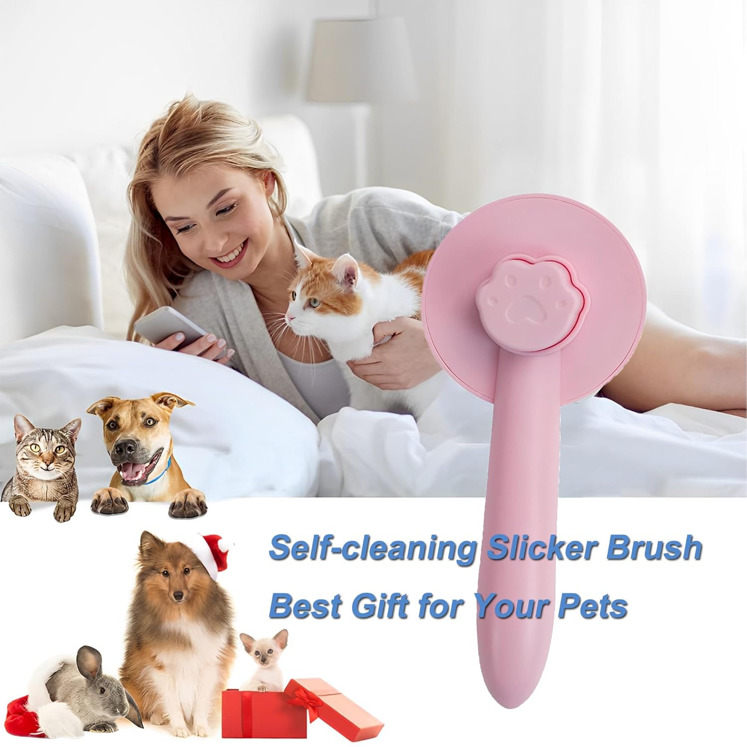 Cepillo de pelo corto o largo para perros y gatos de pelo corto o largo (rosa)