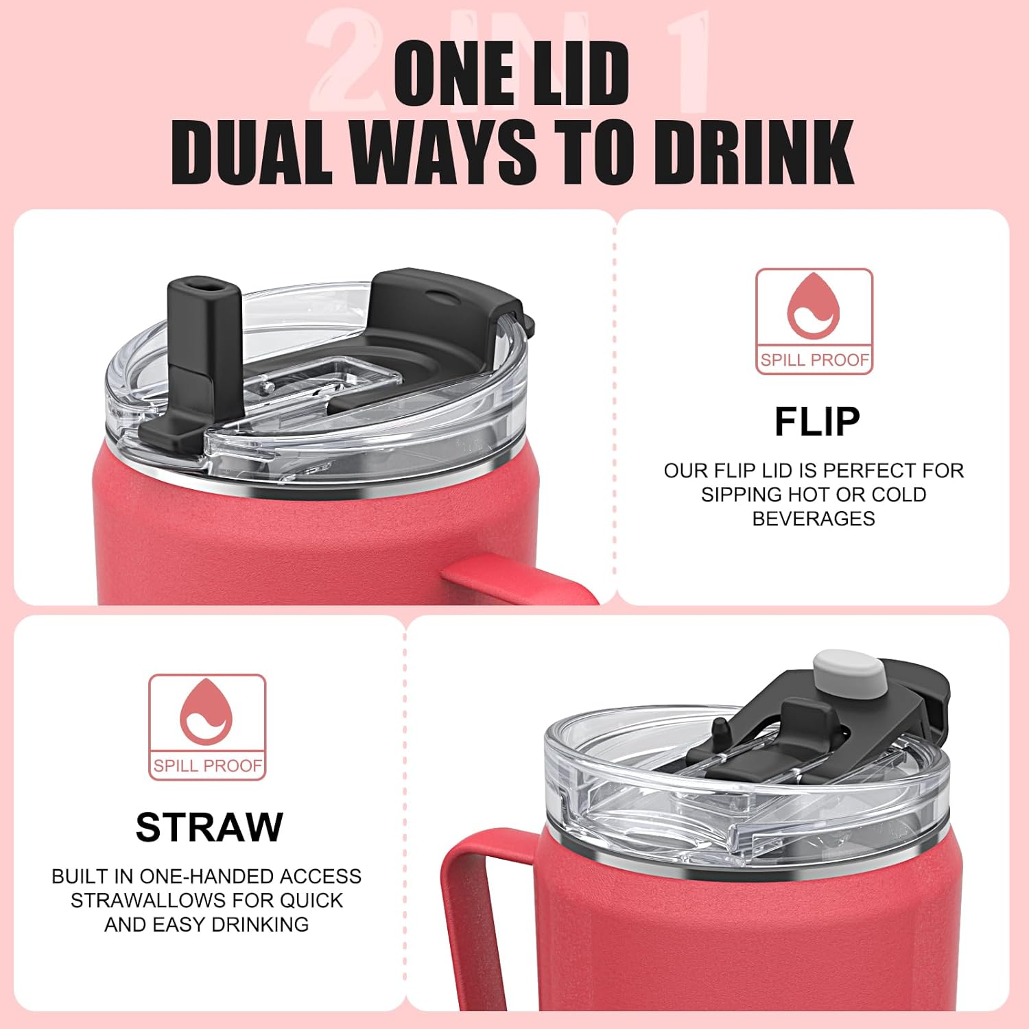 Sursip Vaso aislado de 40 onzas con mango de acero inoxidable y tapa con popote 2 en 1, taza de viaje de acero inoxidable de doble pared a prueba de