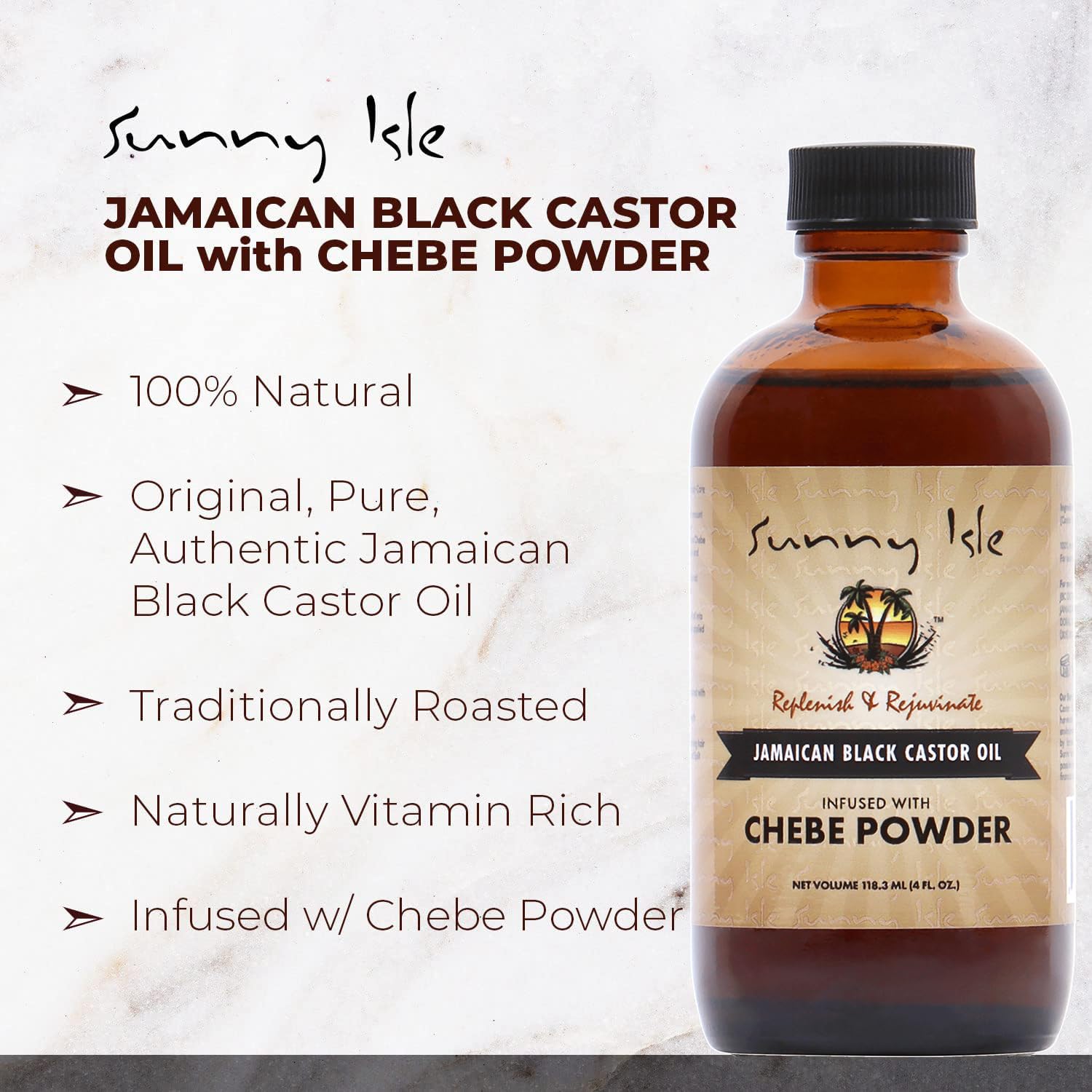 Sunny Isle Aceite de ricino negro jamaicano infundido con polvo de Chebe africano totalmente natural de 4 onzas  Para cabello más largo y fuerte