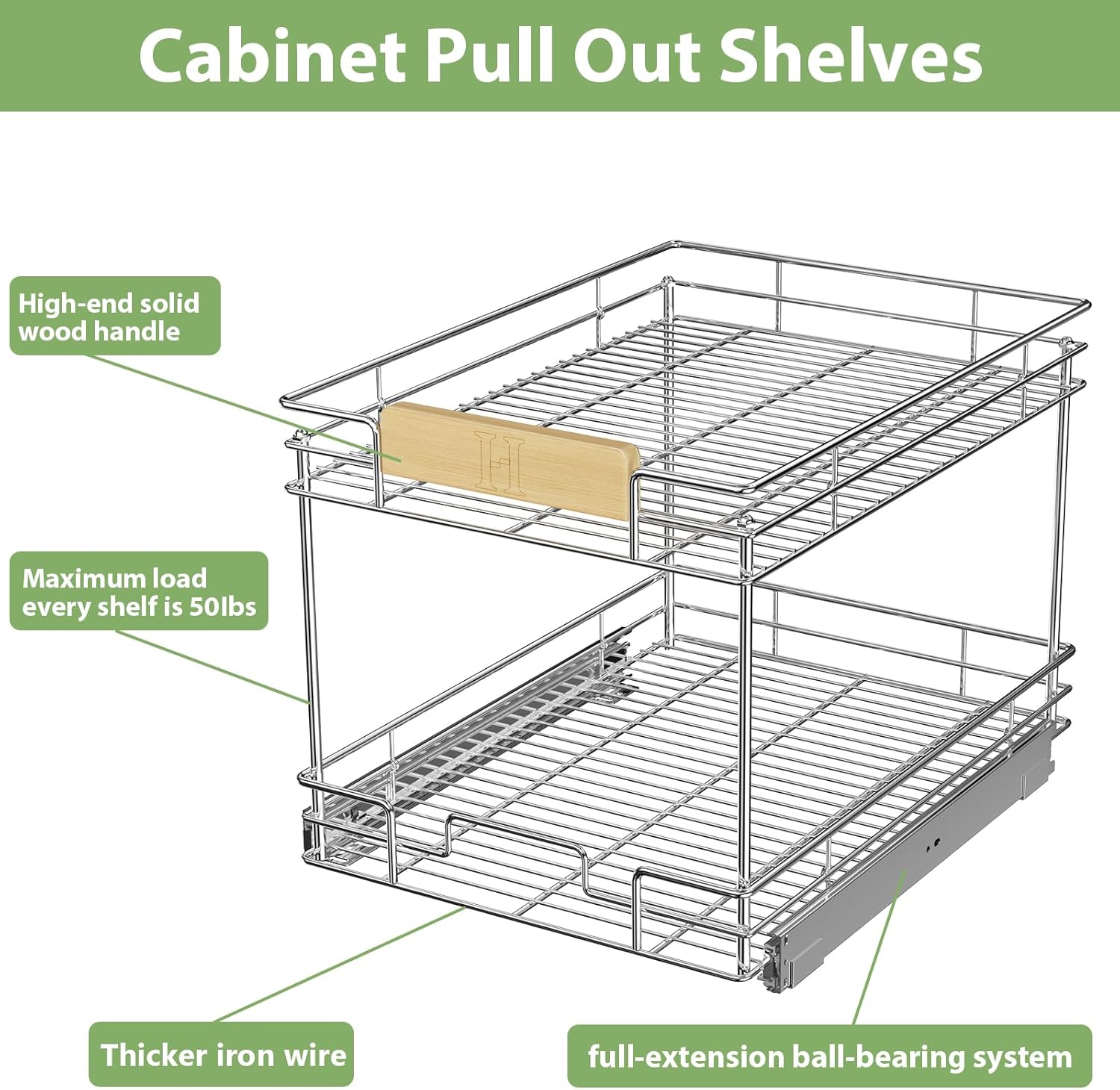 ROOMTEC Organizador de gabinete extraíble con mango de madera, 13 pulgadas de ancho x 21 pulgadas de profundidad, 2 niveles para cajones de