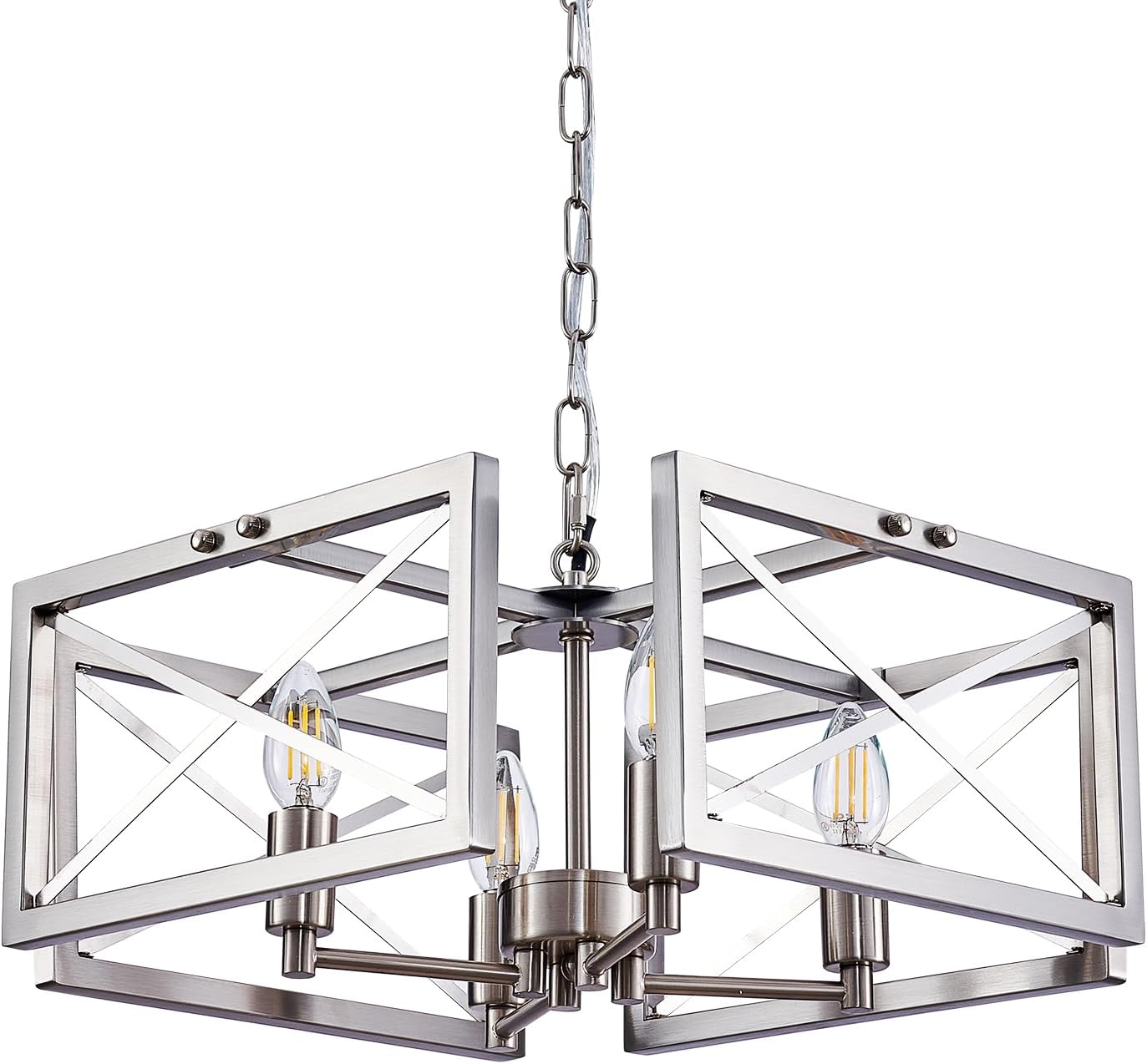 Szleomay Candelabro moderno de níquel cepillado, 4 lámparas de araña para comedor con marco cuadrado de metal, altura ajustable, accesorios de