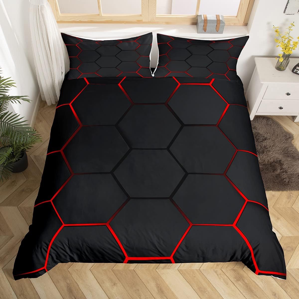 Juego de funda de edredón con diseño de panal de abeja, diseño geométrico moderno con diseño hexagonal para niños y niños, juego de funda de edredón